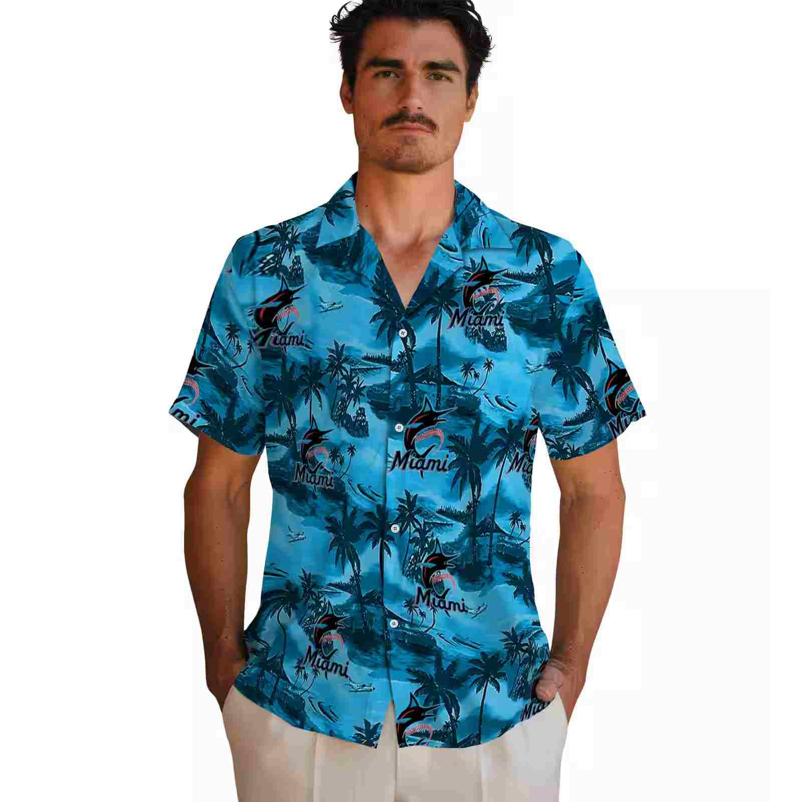 miami marlins coastal palms blue hawaiian shirt fashion forward