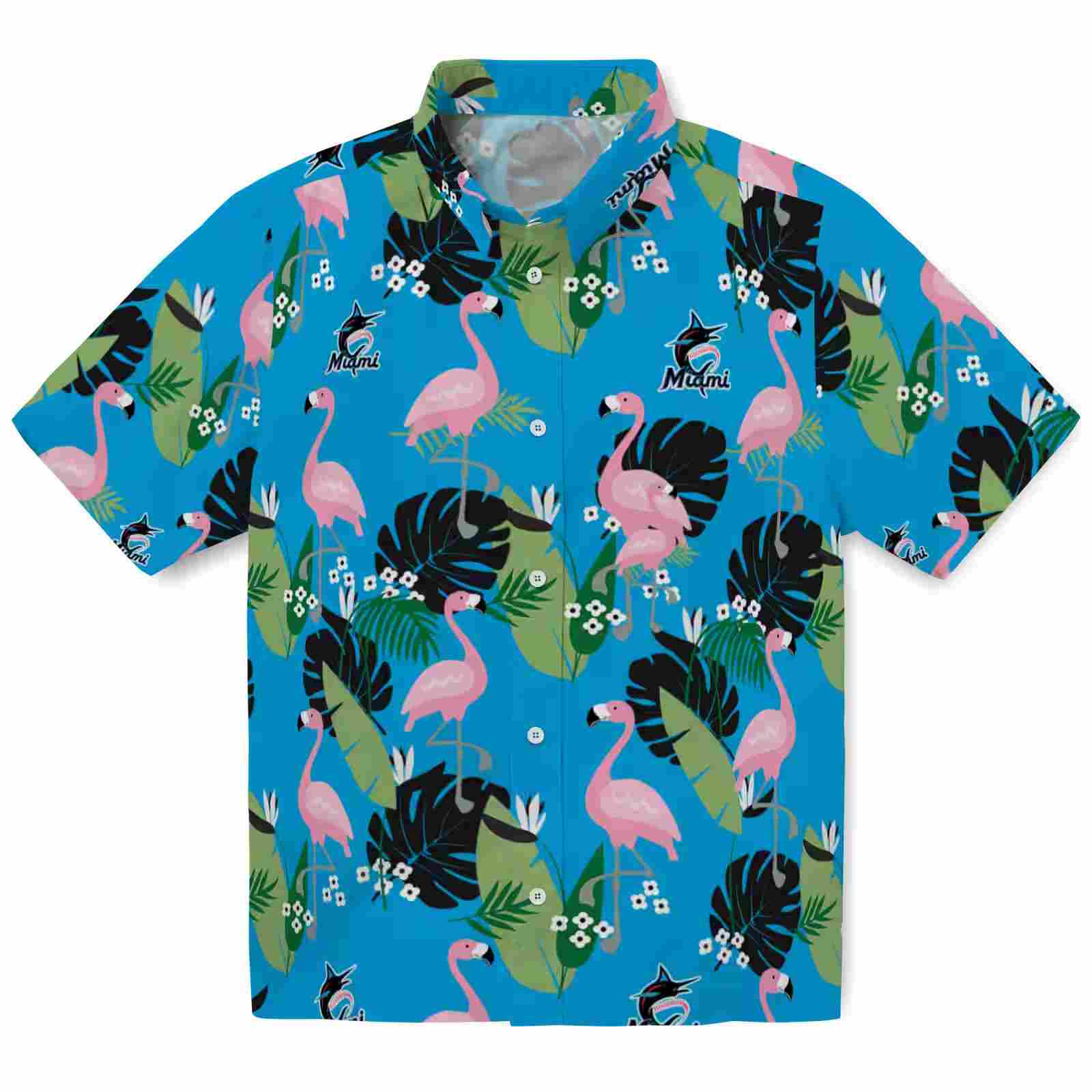 Miami Marlins Flamingo Leaf Motif Blue Hawaiian Shirt