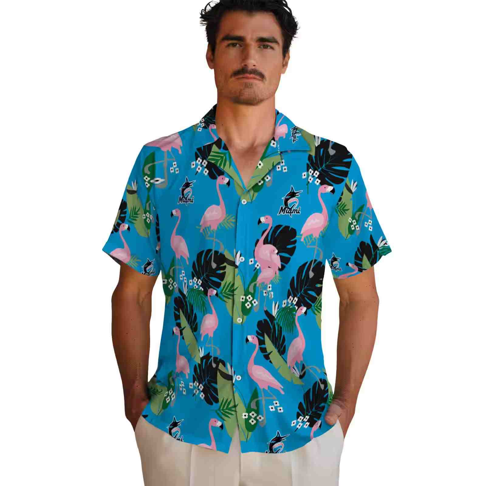 miami marlins flamingo leaf motif blue hawaiian shirt fashion forward