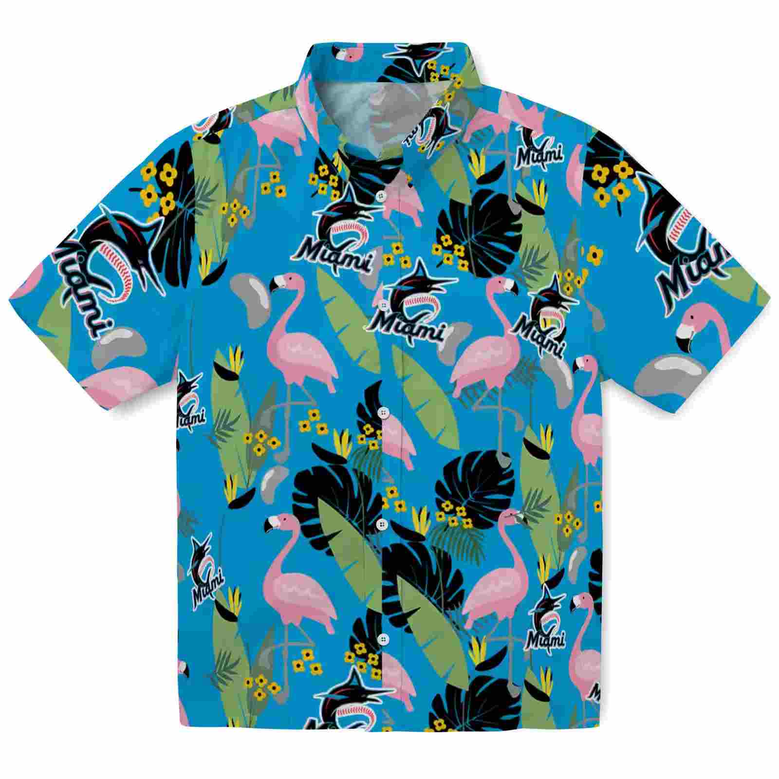 Miami Marlins Flamingo Leaves Blue Hawaiian Shirt