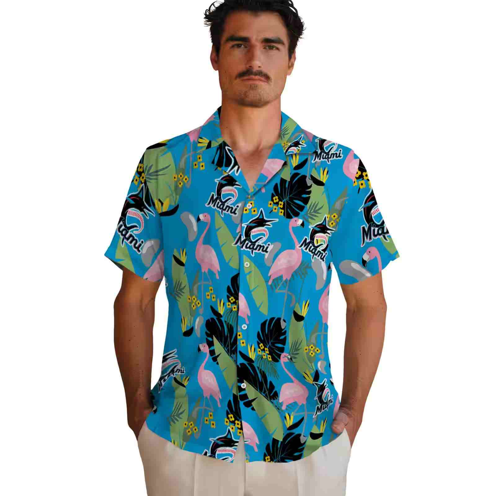 miami marlins flamingo leaves blue hawaiian shirt fashion forward