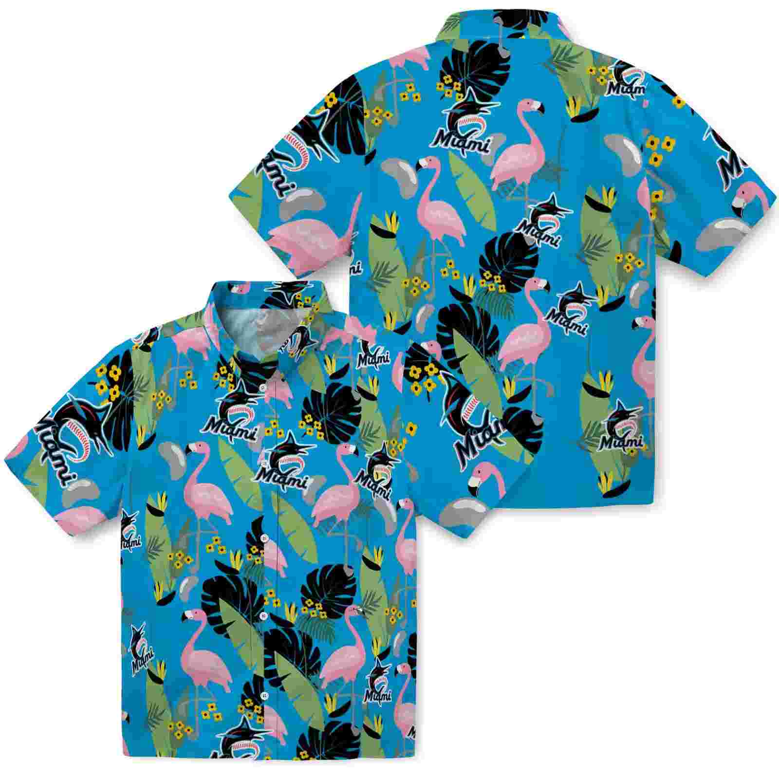 miami marlins flamingo leaves blue hawaiian shirt high quality