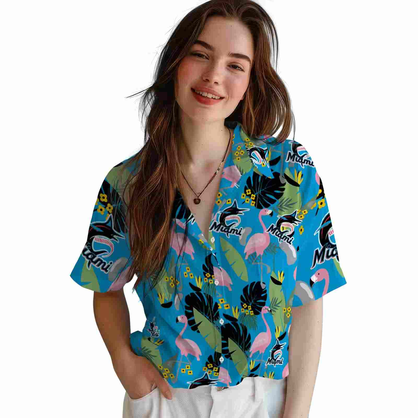 miami marlins flamingo leaves blue hawaiian shirt latest model