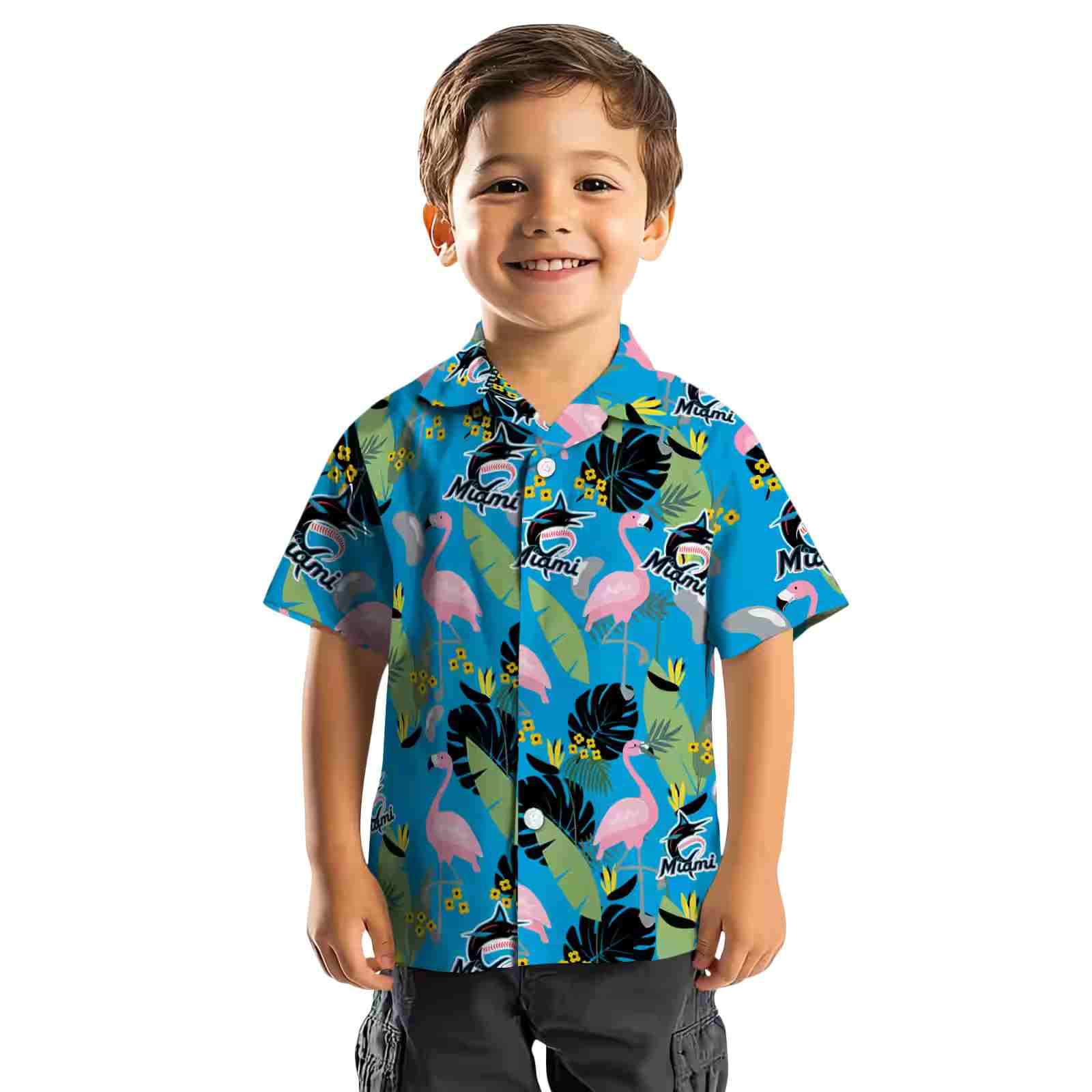 miami marlins flamingo leaves blue hawaiian shirt top rated