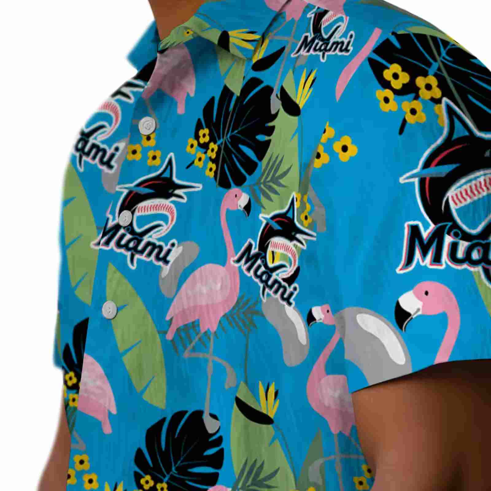 miami marlins flamingo leaves blue hawaiian shirt trendy