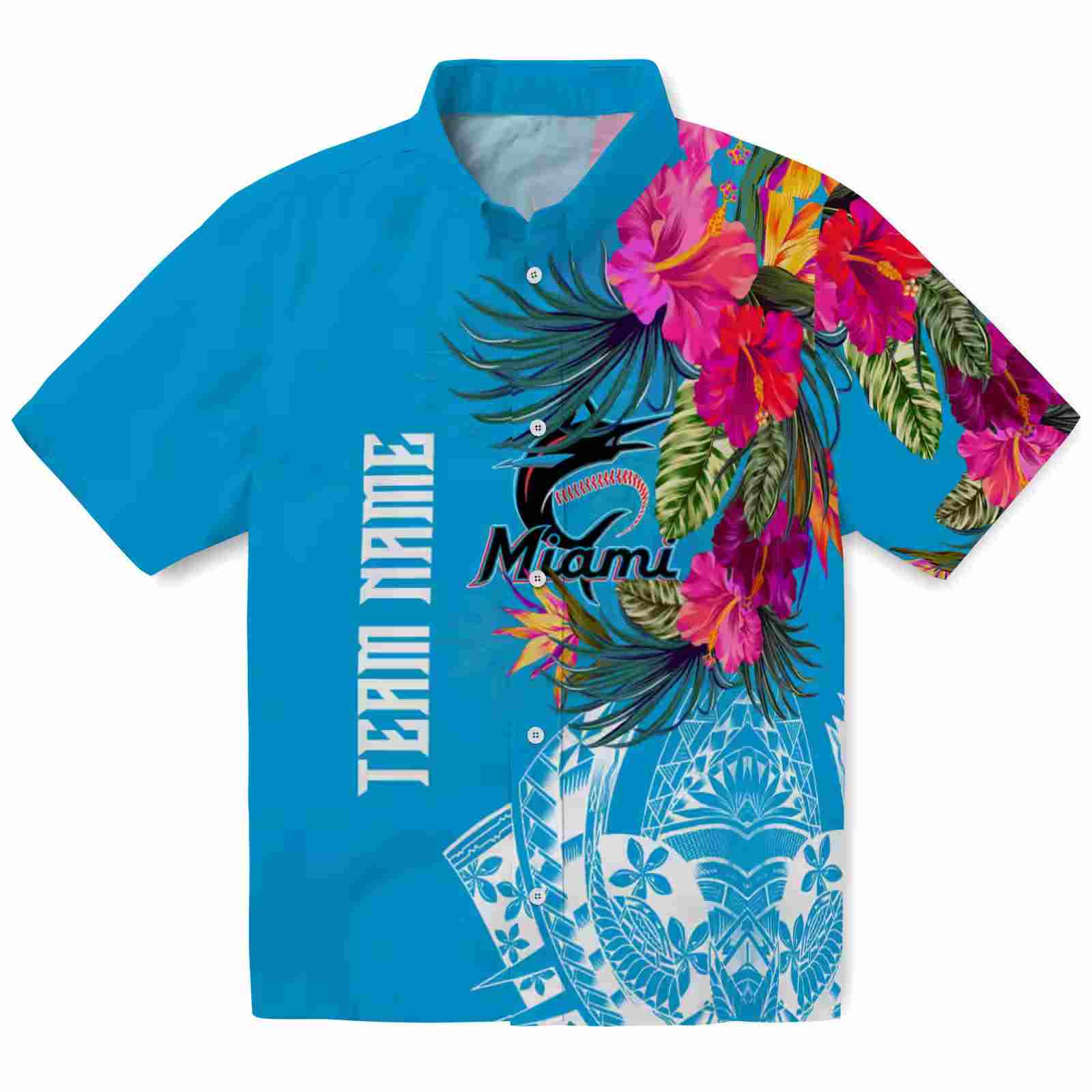 Miami Marlins Floral Polynesian Blue Hawaiian Shirt