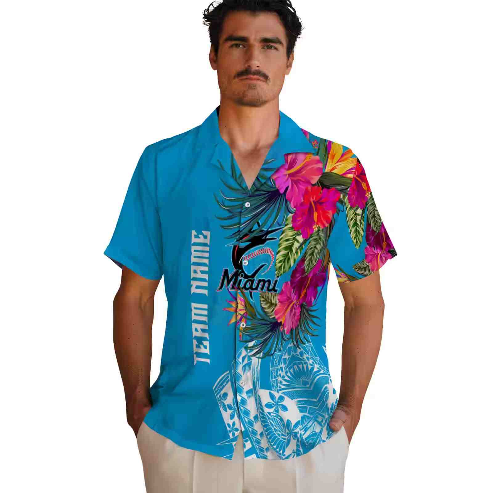 miami marlins floral polynesian blue hawaiian shirt fashion forward