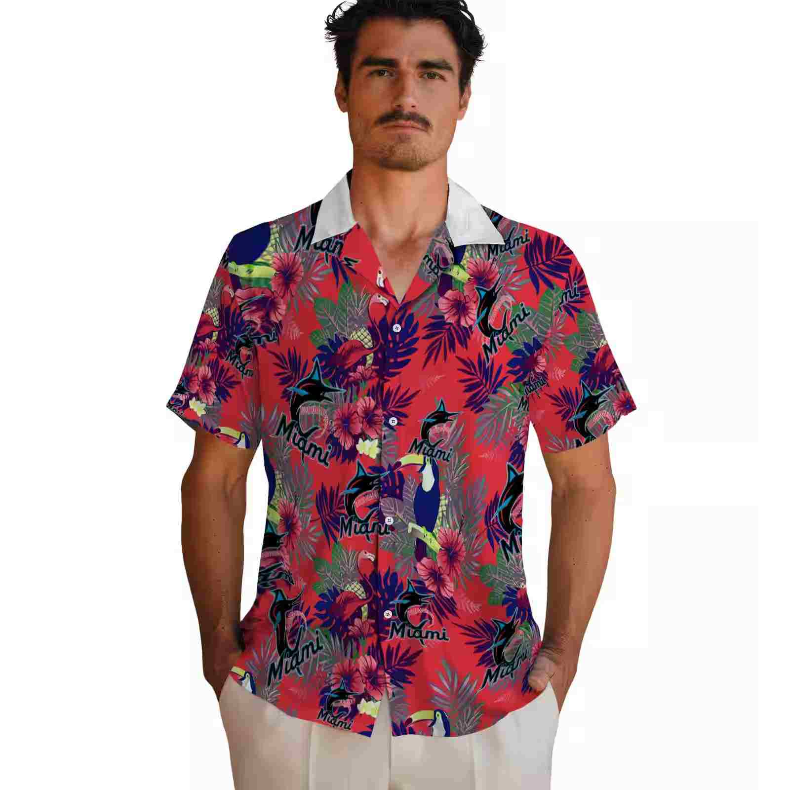 miami marlins floral toucan blue red hawaiian shirt fashion forward