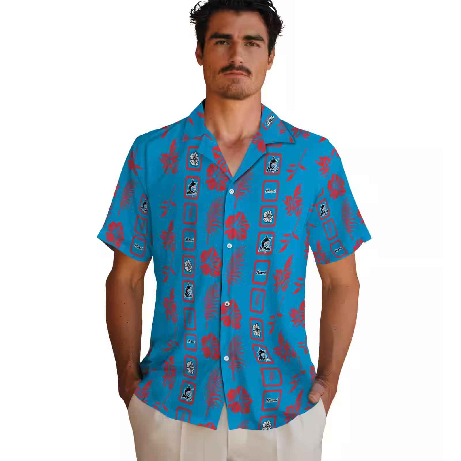 miami marlins framed floral blue hawaiian shirt fashion forward