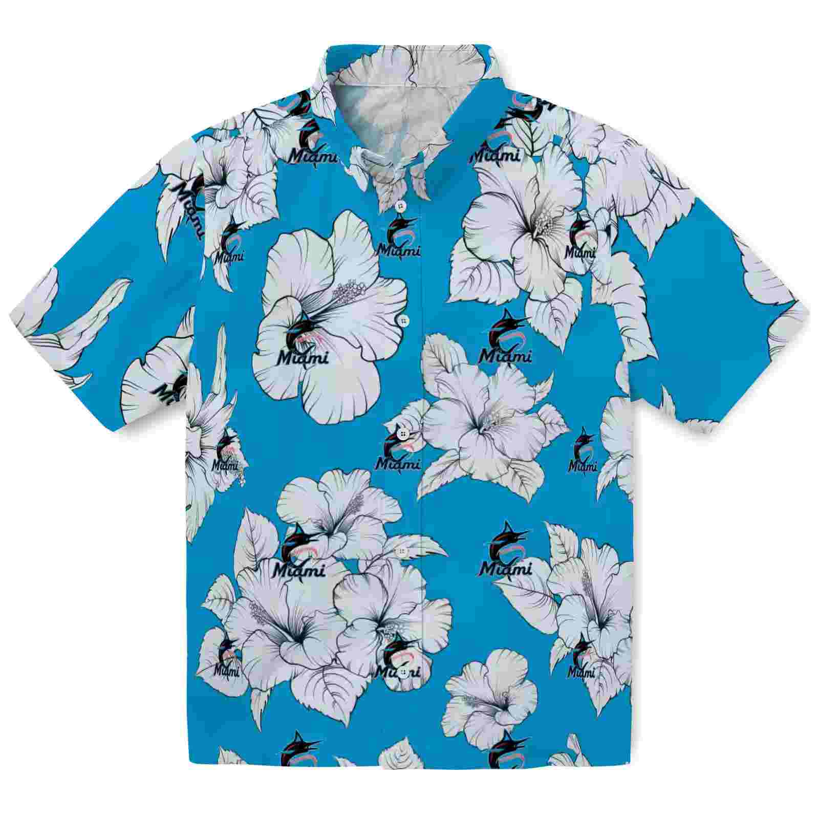 Miami Marlins Hibiscus Blooms Blue White Hawaiian Shirt