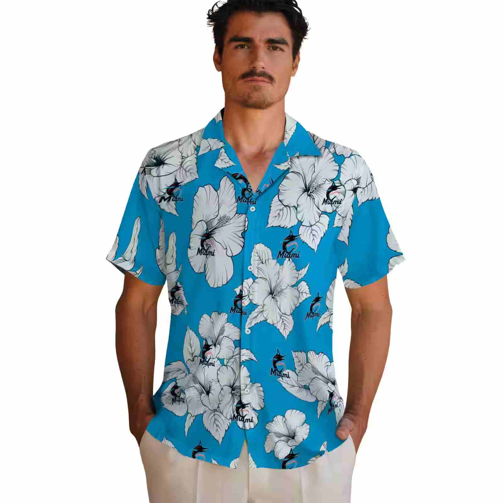 miami marlins hibiscus blooms blue white hawaiian shirt fashion forward