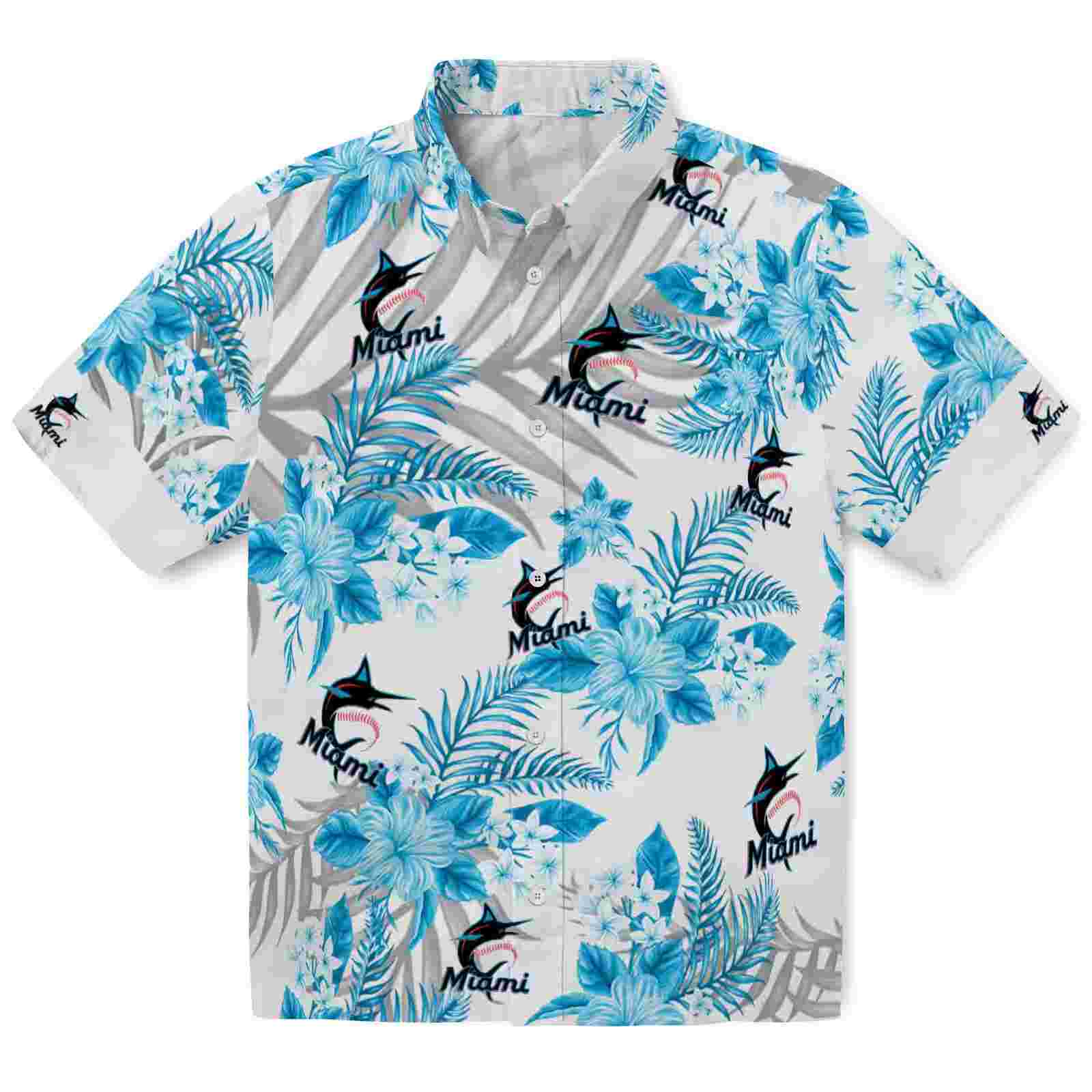 Miami Marlins Hibiscus Palm Leaves Blue White Hawaiian Shirt