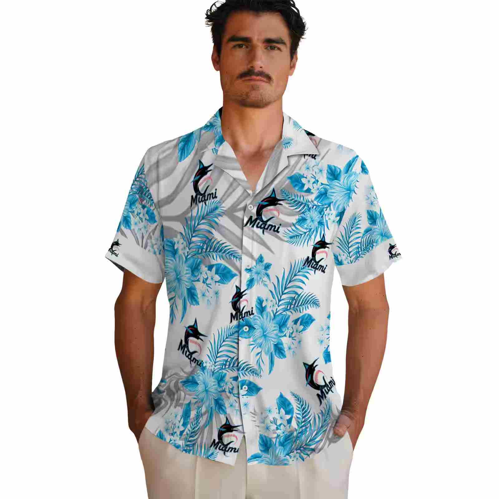 miami marlins hibiscus palm leaves blue white hawaiian shirt fashion forward