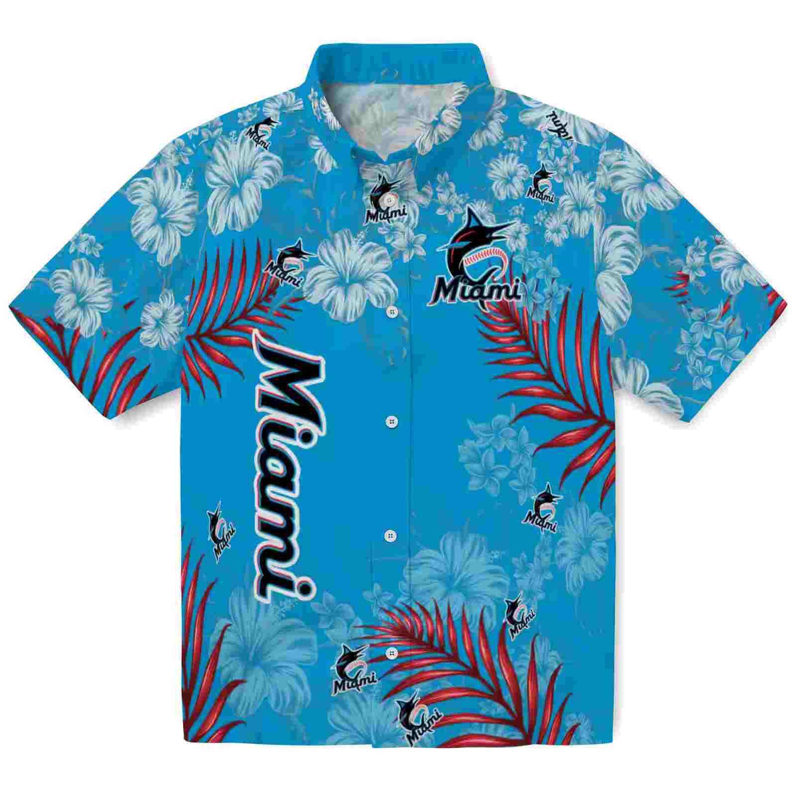 Miami Marlins Hibiscus Print Blue Hawaiian Shirt