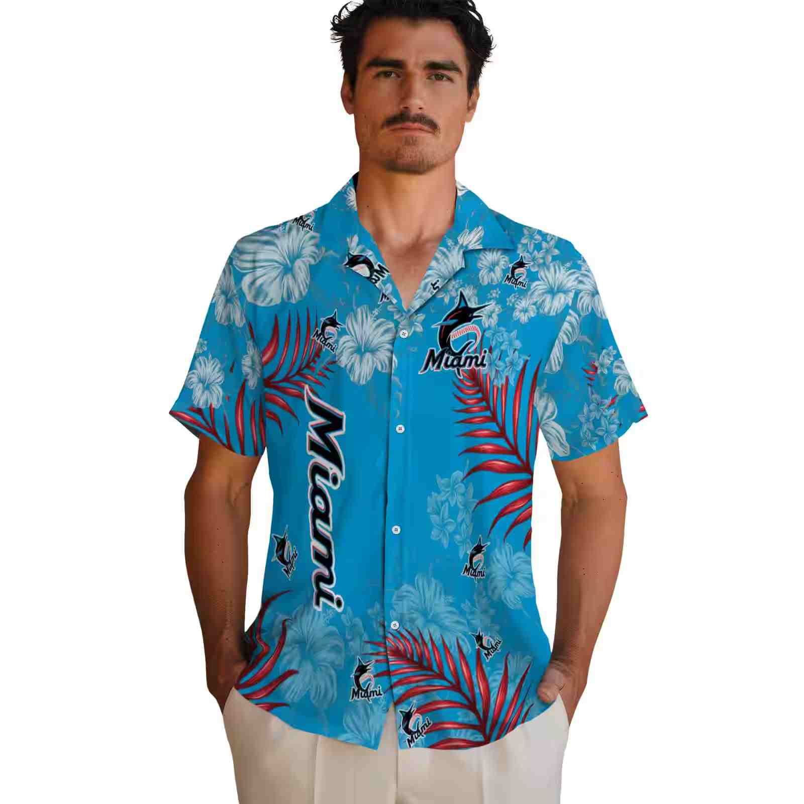 miami marlins hibiscus print blue hawaiian shirt fashion forward