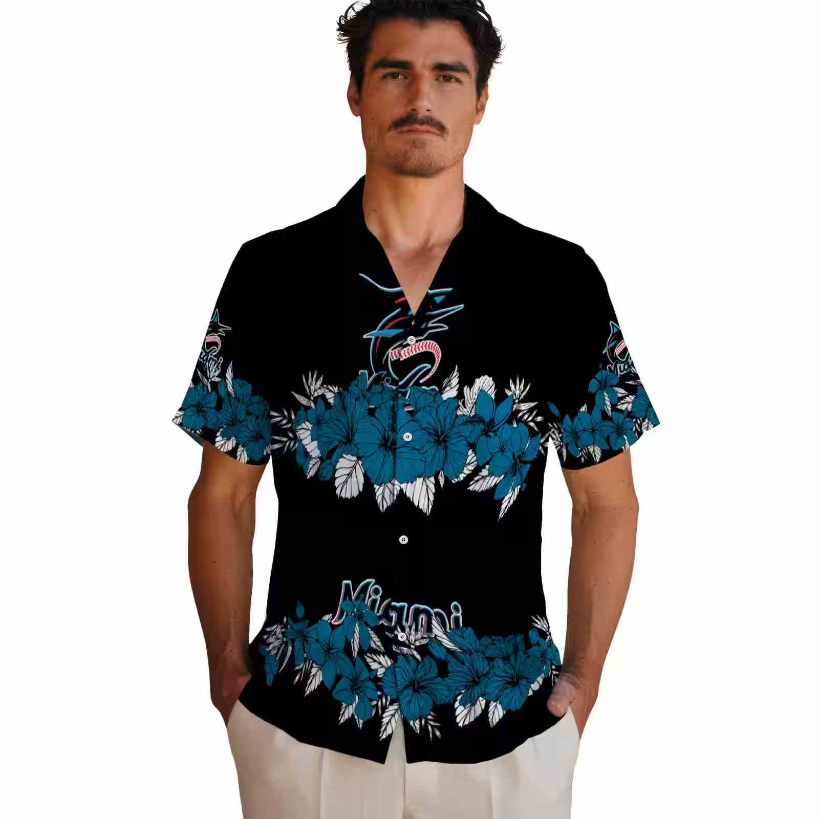 miami marlins hibiscus stripe blue black hawaiian shirt fashion forward