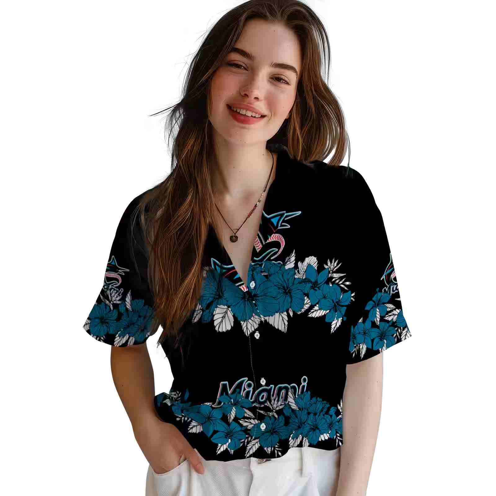 miami marlins hibiscus stripe blue black hawaiian shirt latest model