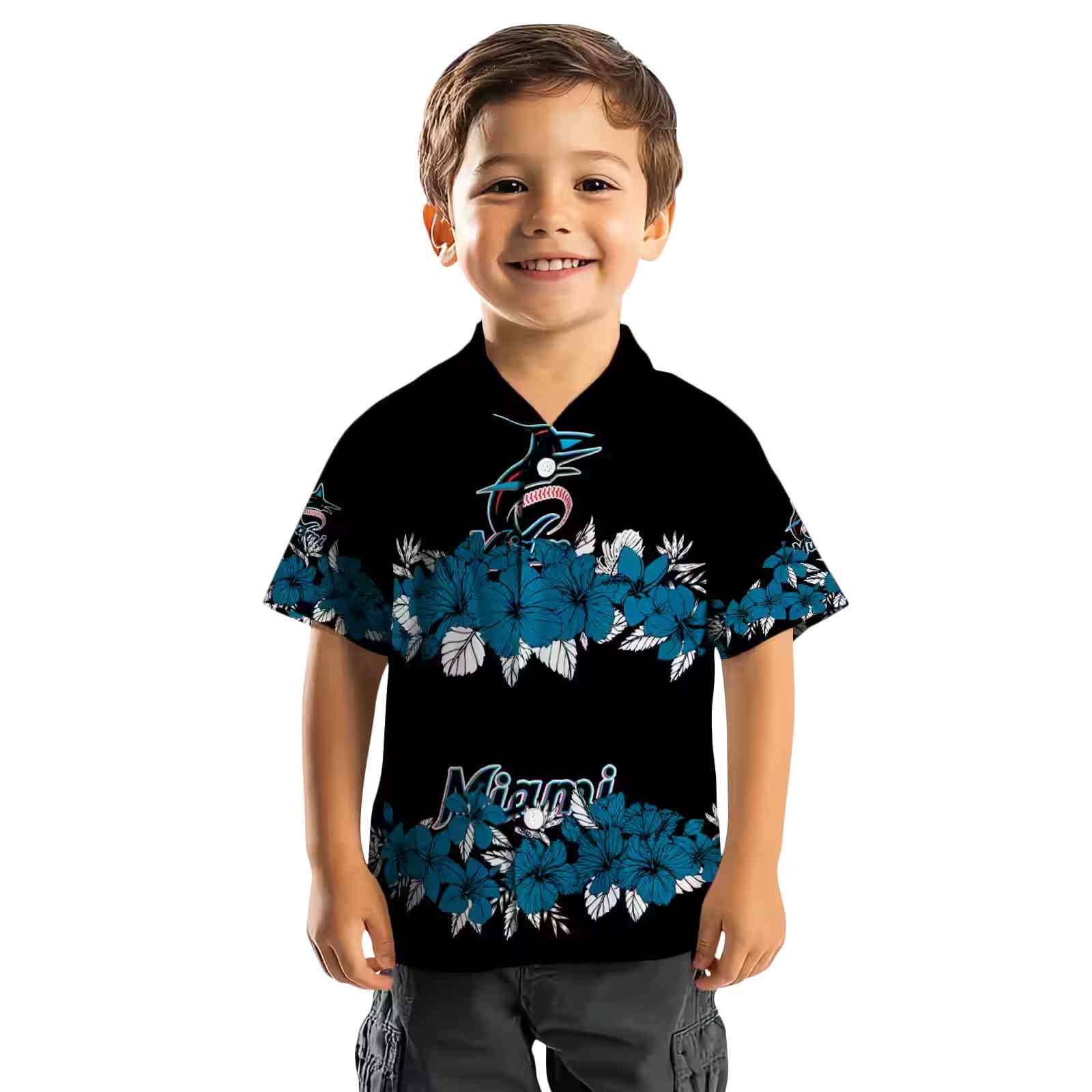 miami marlins hibiscus stripe blue black hawaiian shirt top rated