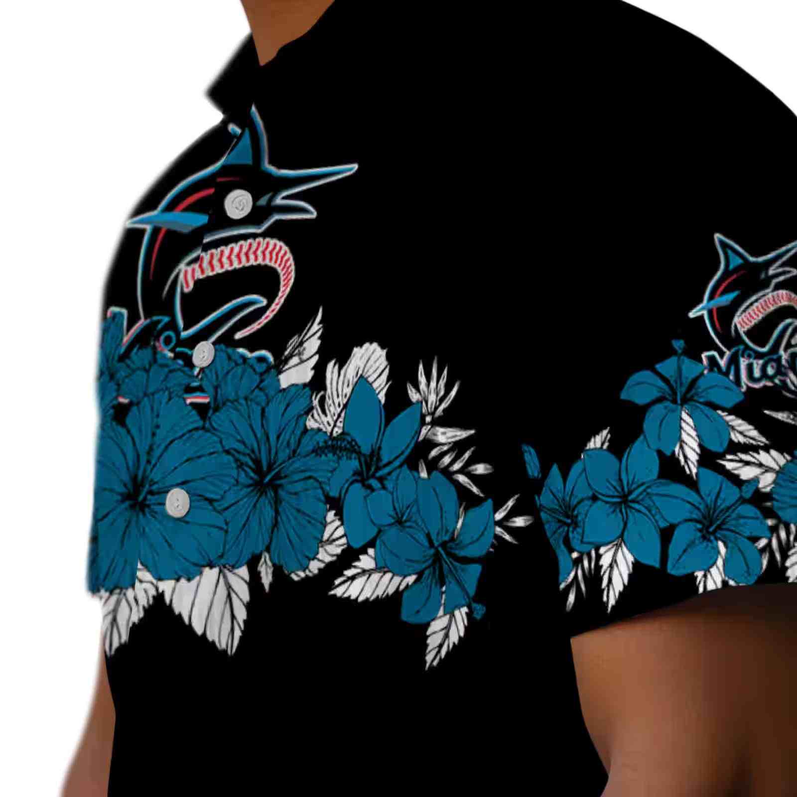 miami marlins hibiscus stripe blue black hawaiian shirt trendy