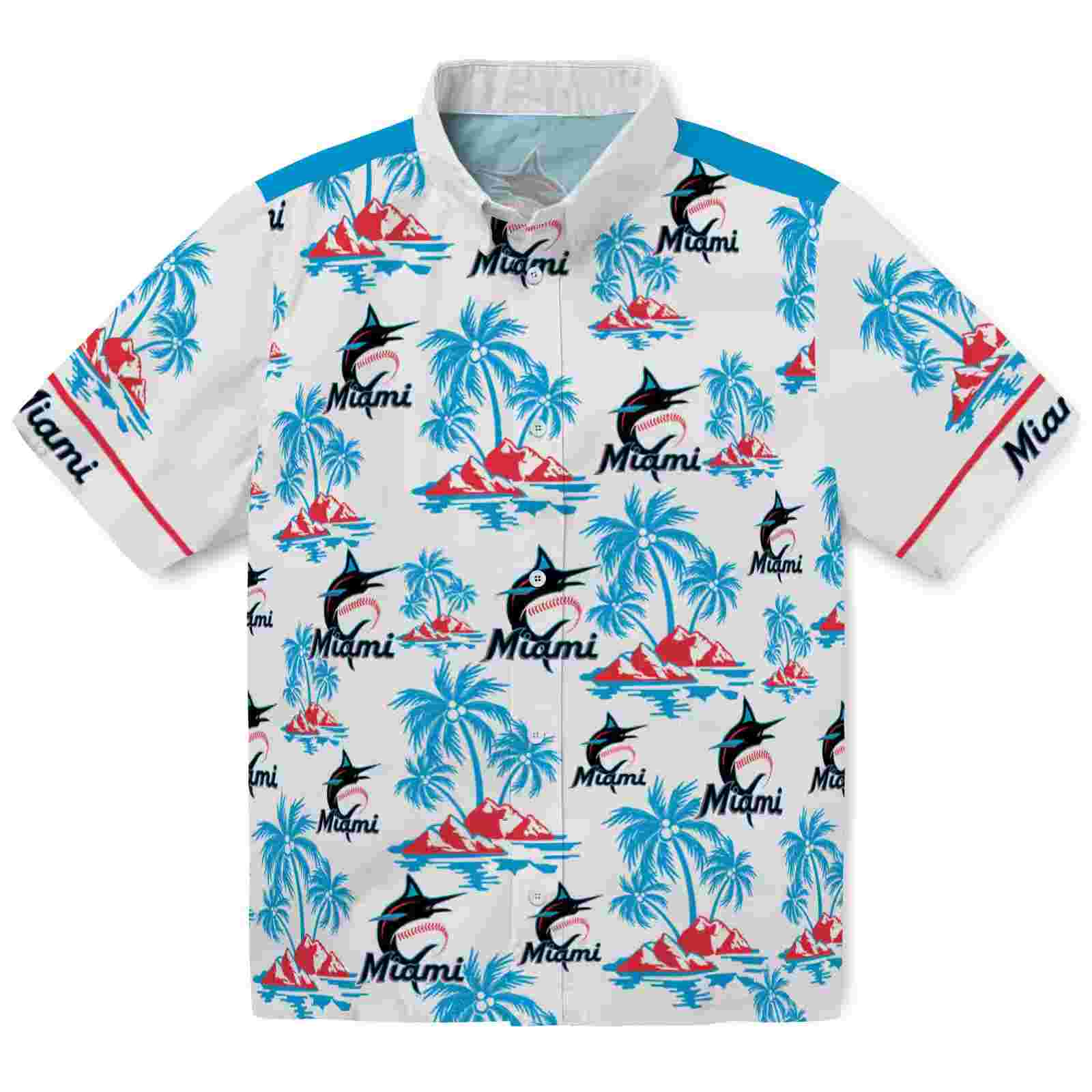 Miami Marlins Palm Island Print Blue White Hawaiian Shirt