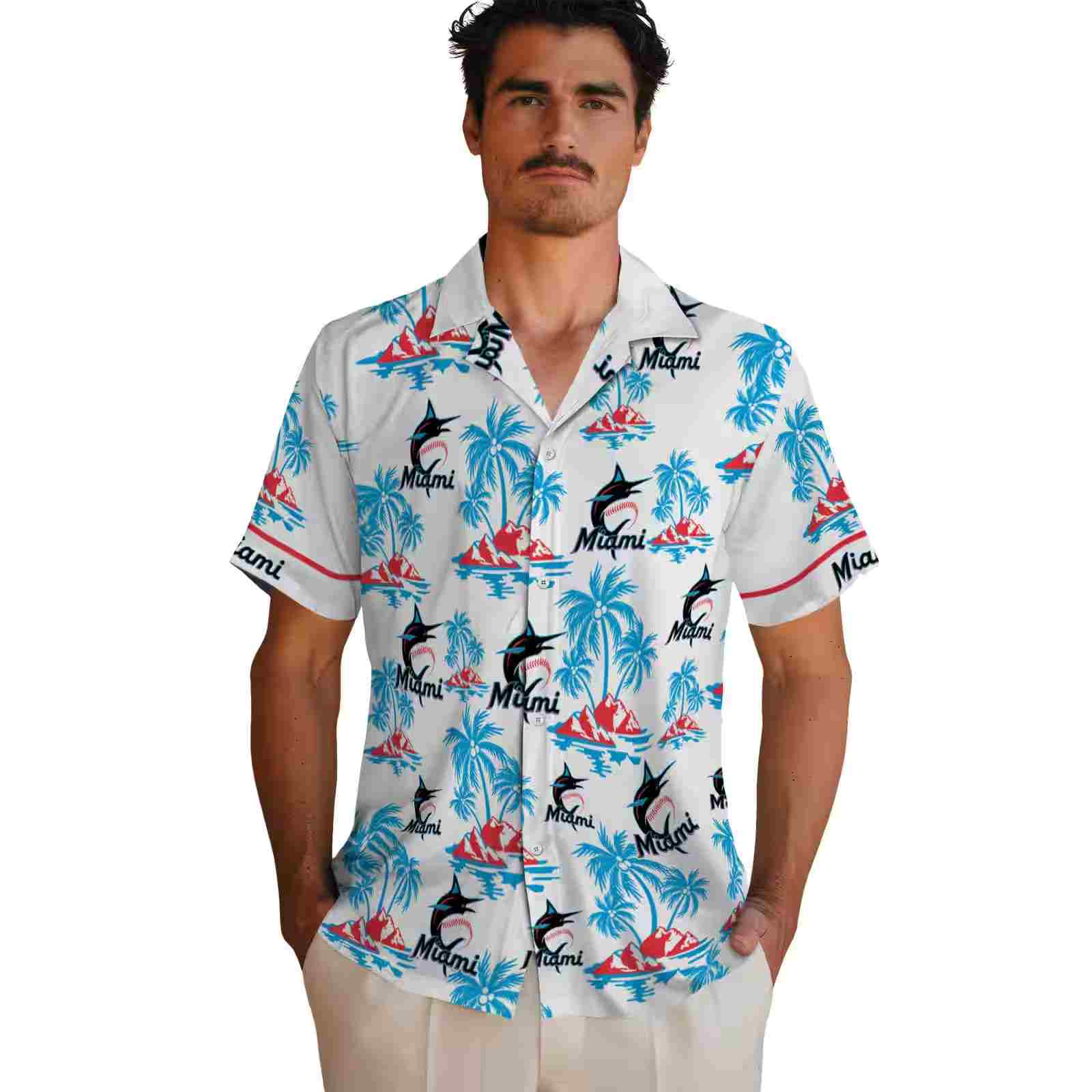 miami marlins palm island print blue white hawaiian shirt fashion forward