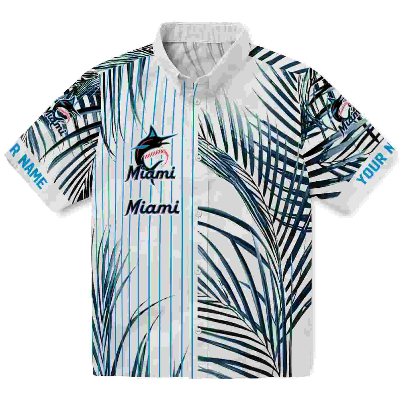 Miami Marlins Palm Stripes Blue Black White Hawaiian Shirt