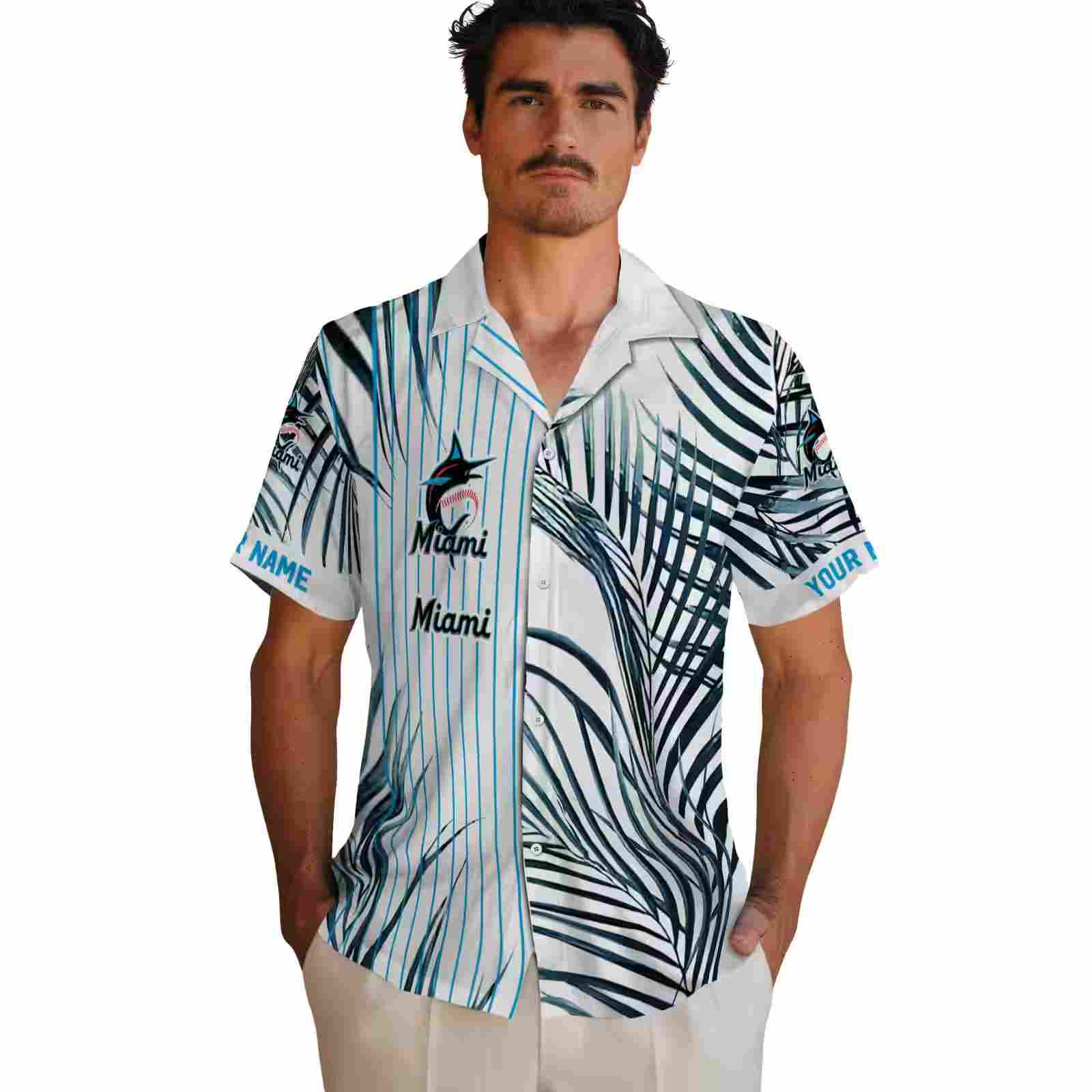 miami marlins palm stripes blue black white hawaiian shirt fashion forward