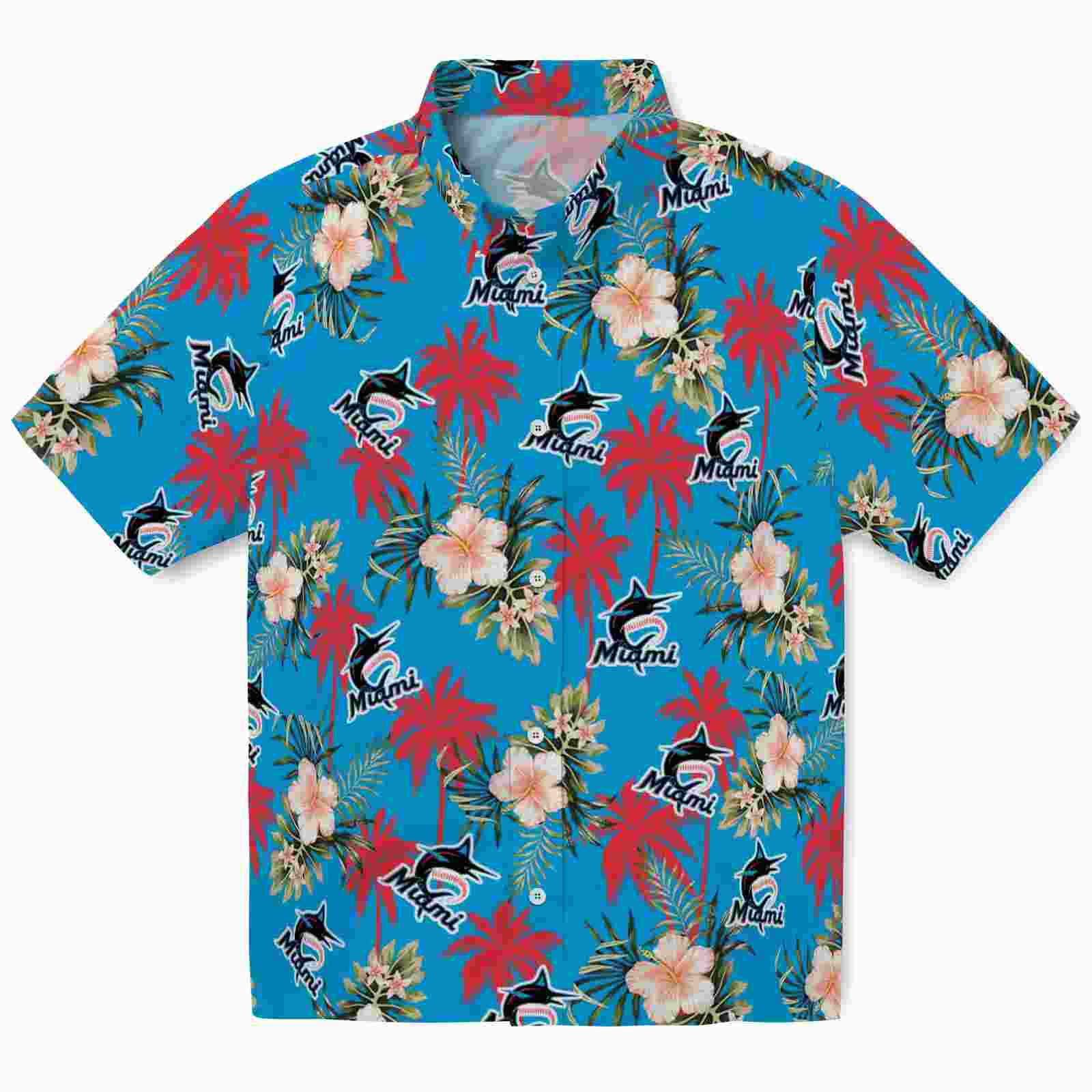 Miami Marlins Palm Tree Flower Blue Hawaiian Shirt