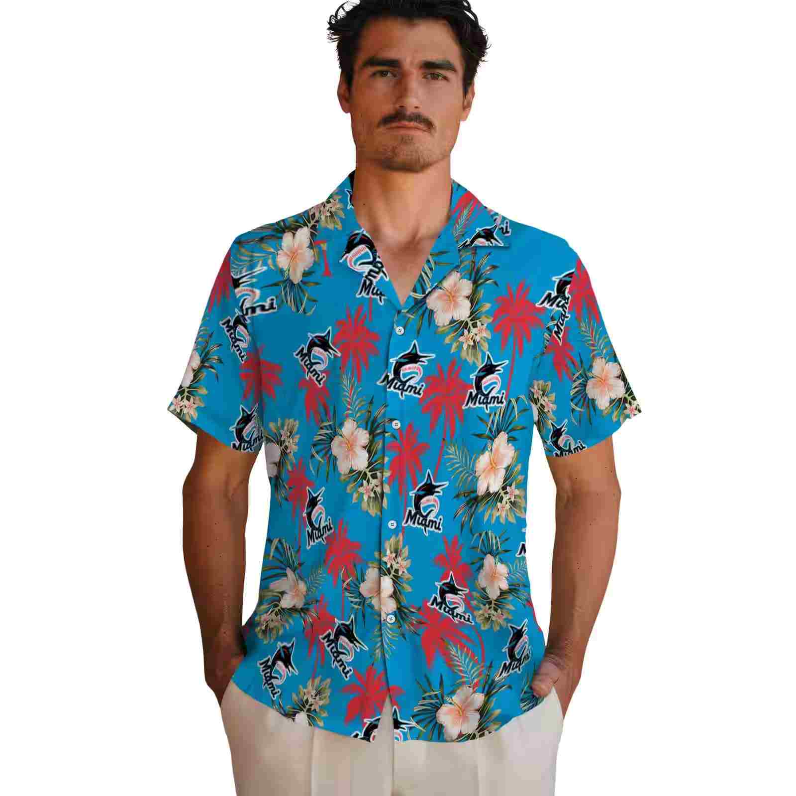 miami marlins palm tree flower blue hawaiian shirt fashion forward