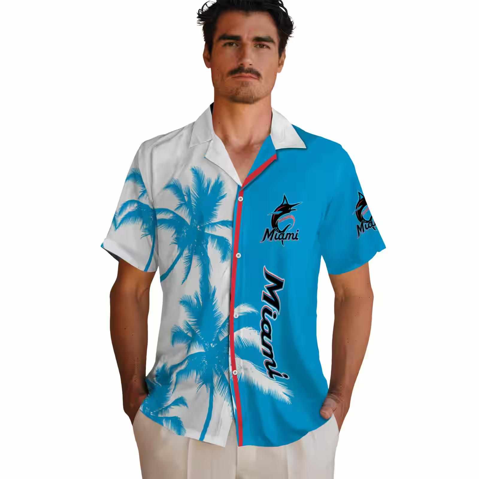 miami marlins palm trees blue white hawaiian shirt fashion forward