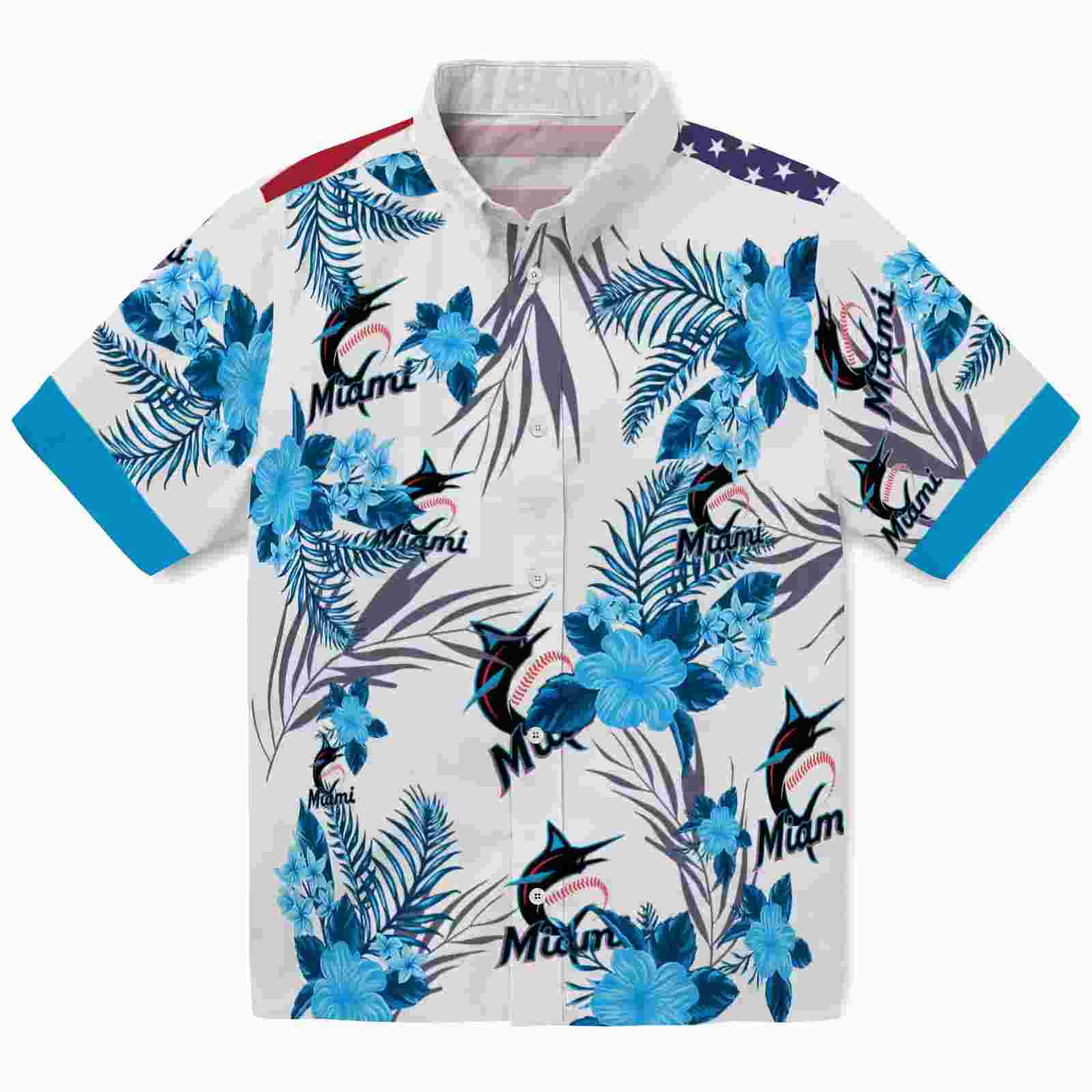 Miami Marlins Patriotic Hibiscus Design Blue White Hawaiian Shirt