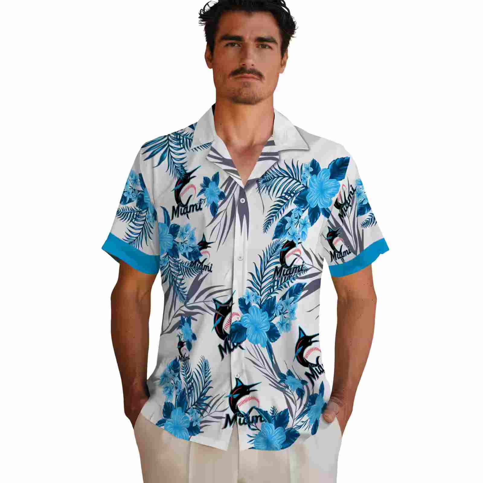 miami marlins patriotic hibiscus design blue white hawaiian shirt fashion forward