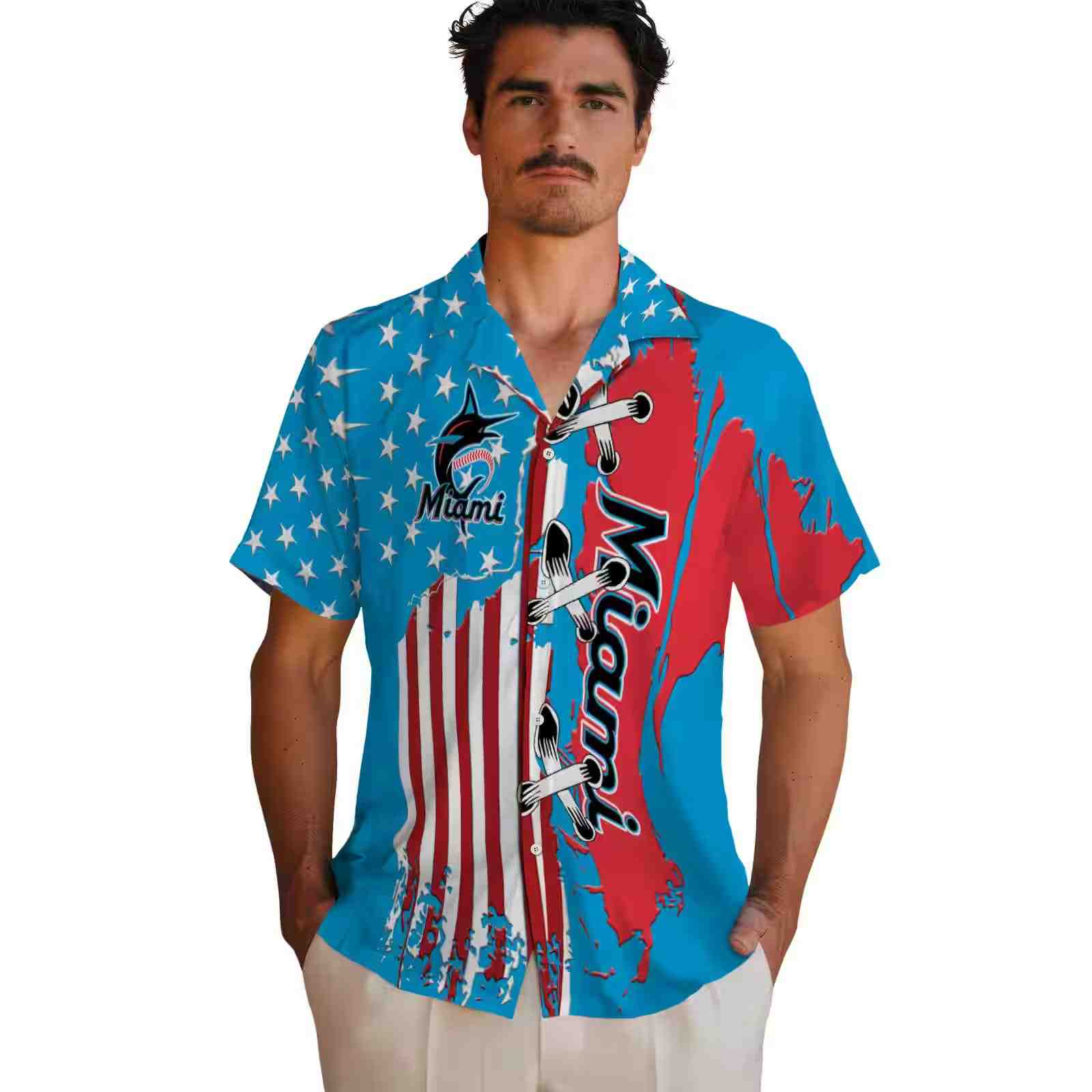 miami marlins stitched flag blue hawaiian shirt fashion forward