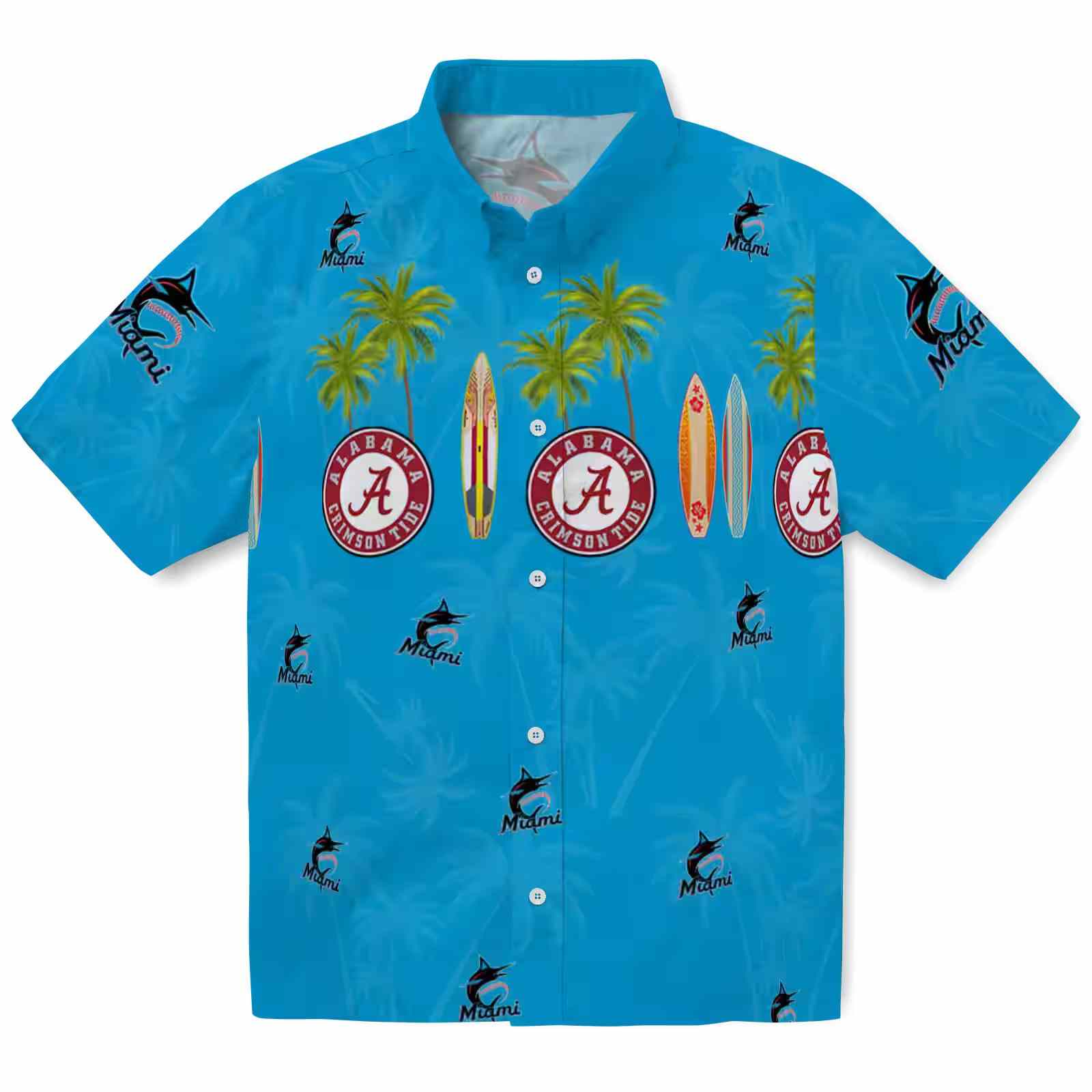 Miami Marlins Surfboard Palm Blue Hawaiian Shirt