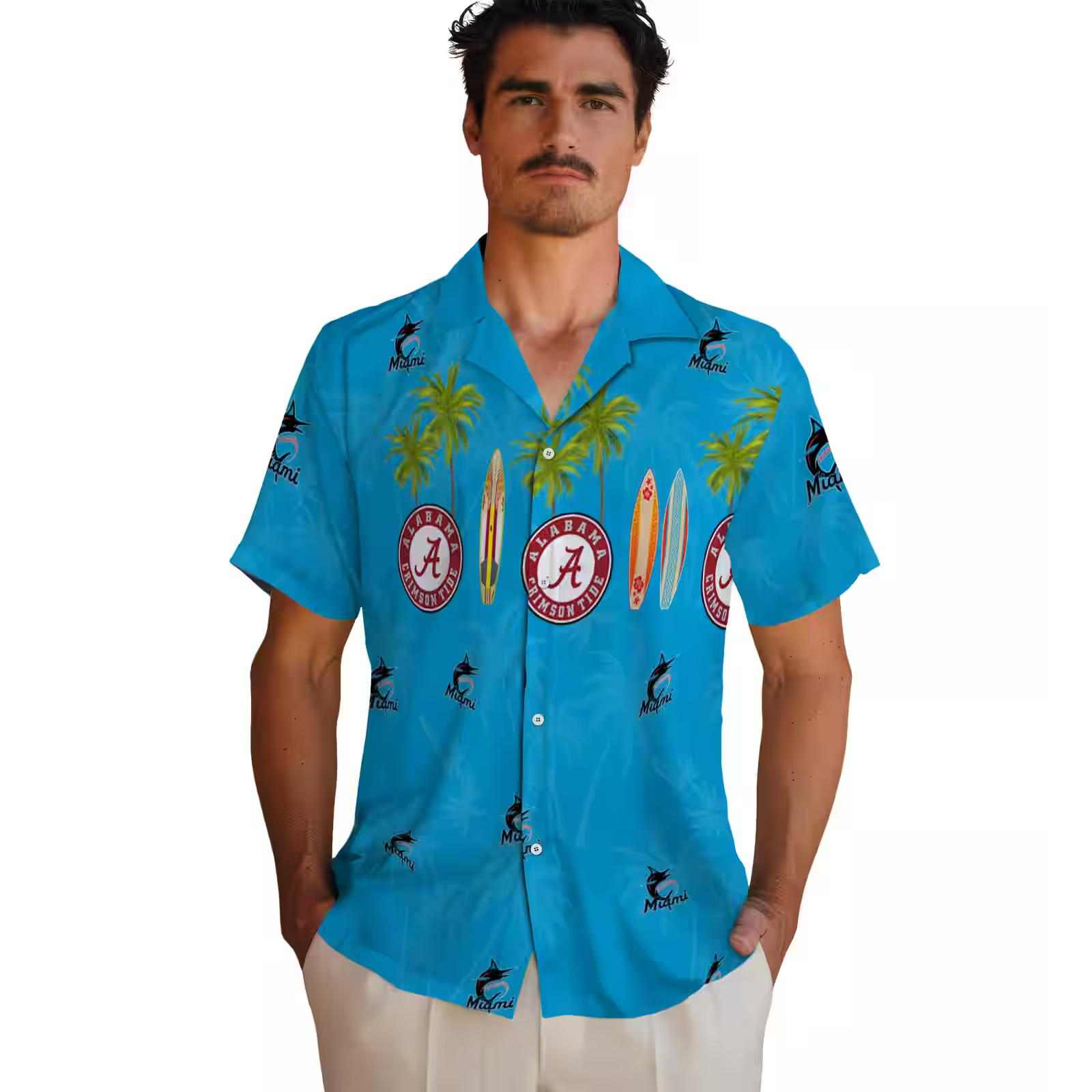 miami marlins surfboard palm blue hawaiian shirt fashion forward