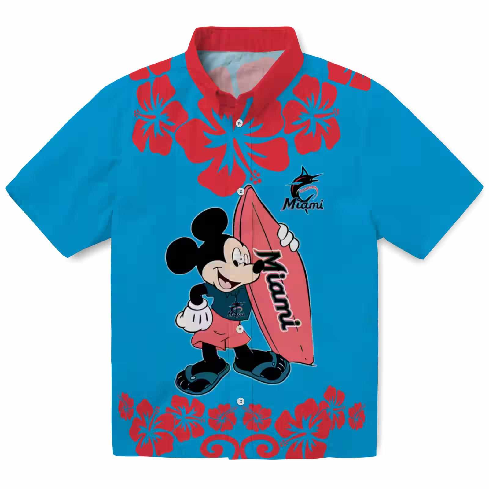 Miami Marlins Surfing Mickey Blue Hawaiian Shirt