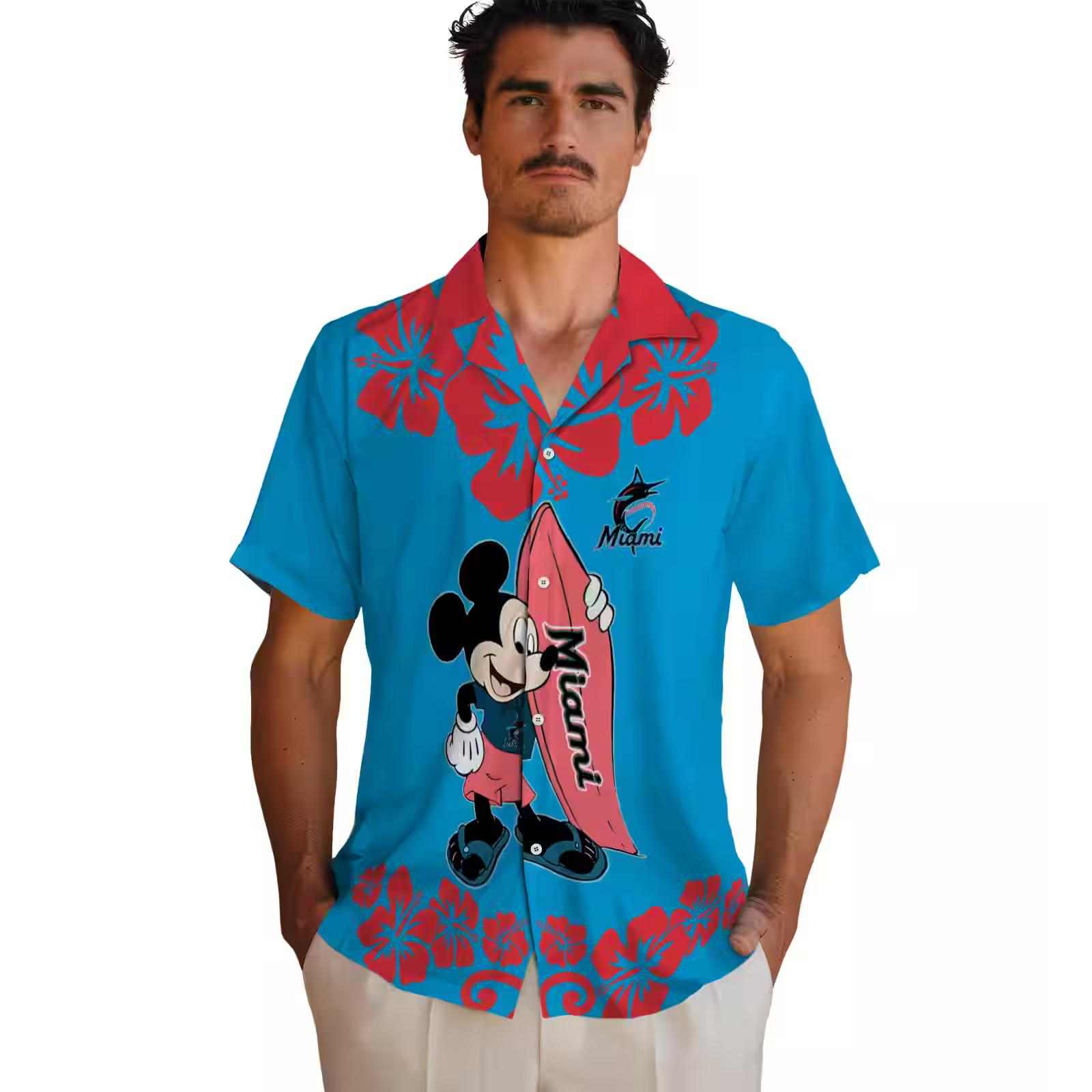 miami marlins surfing mickey blue hawaiian shirt fashion forward