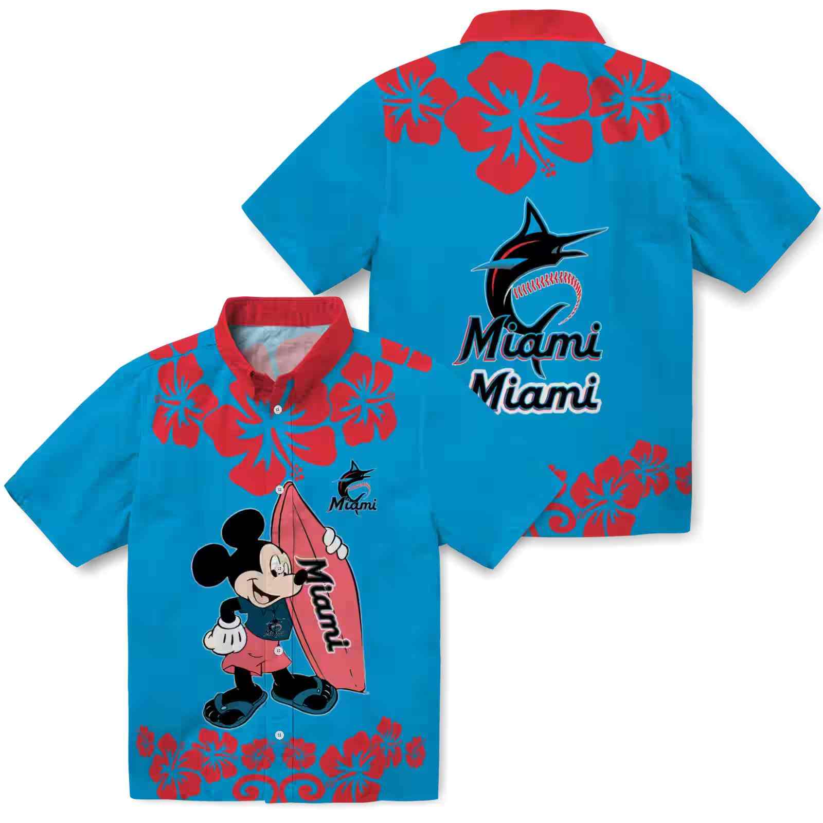 miami marlins surfing mickey blue hawaiian shirt high quality