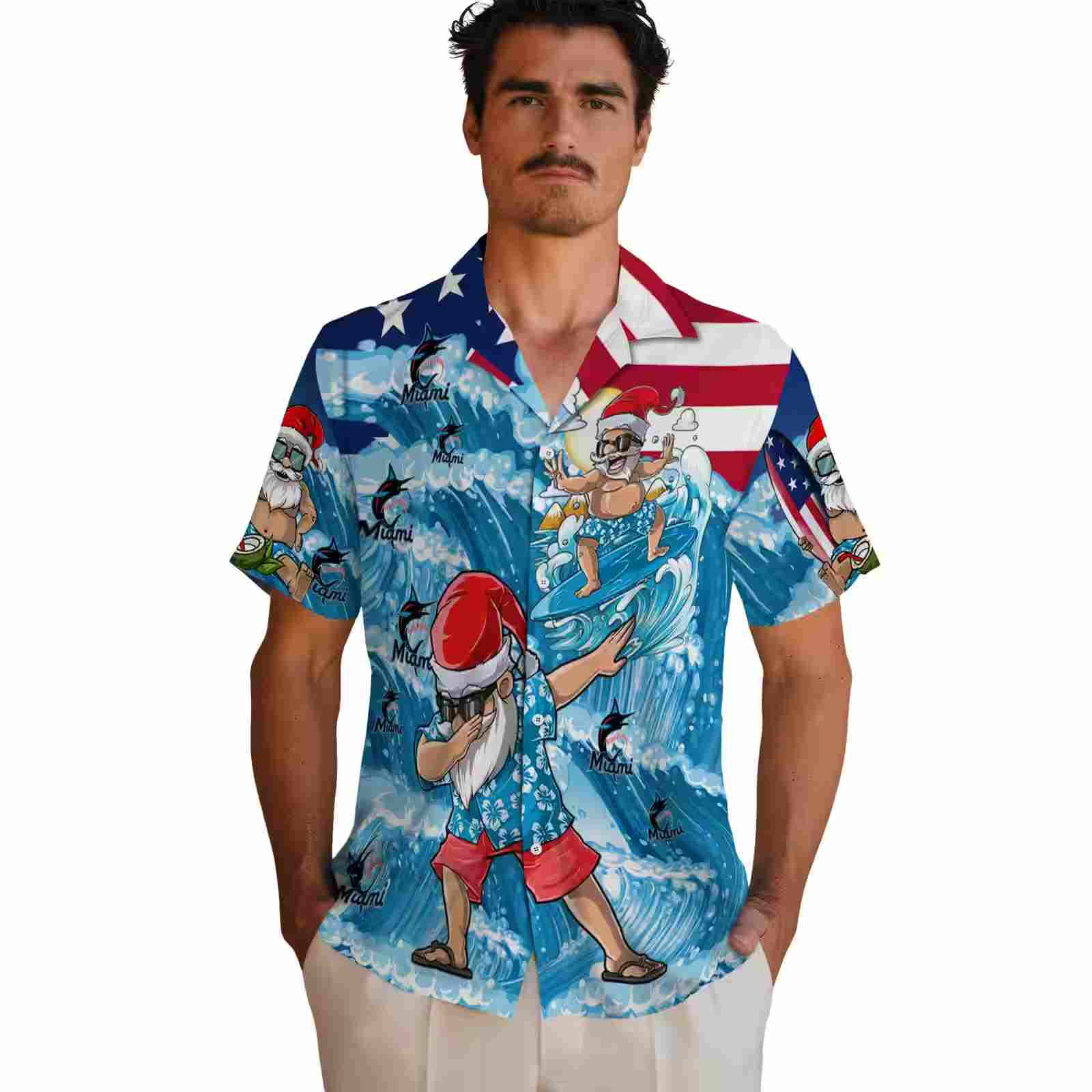 miami marlins surfing santa blue hawaiian shirt fashion forward