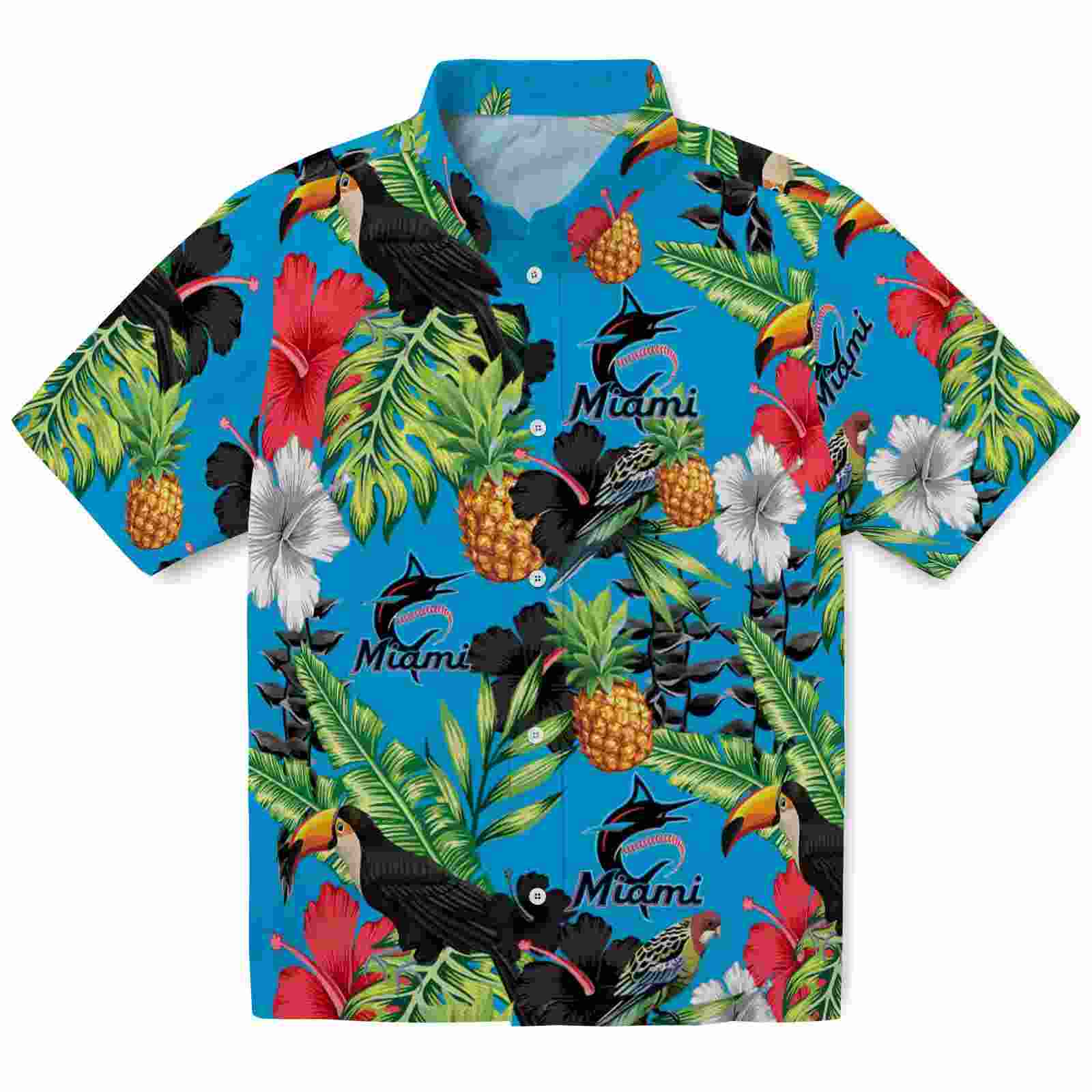 Miami Marlins Toucan Hibiscus Pineapple Blue Green Hawaiian Shirt