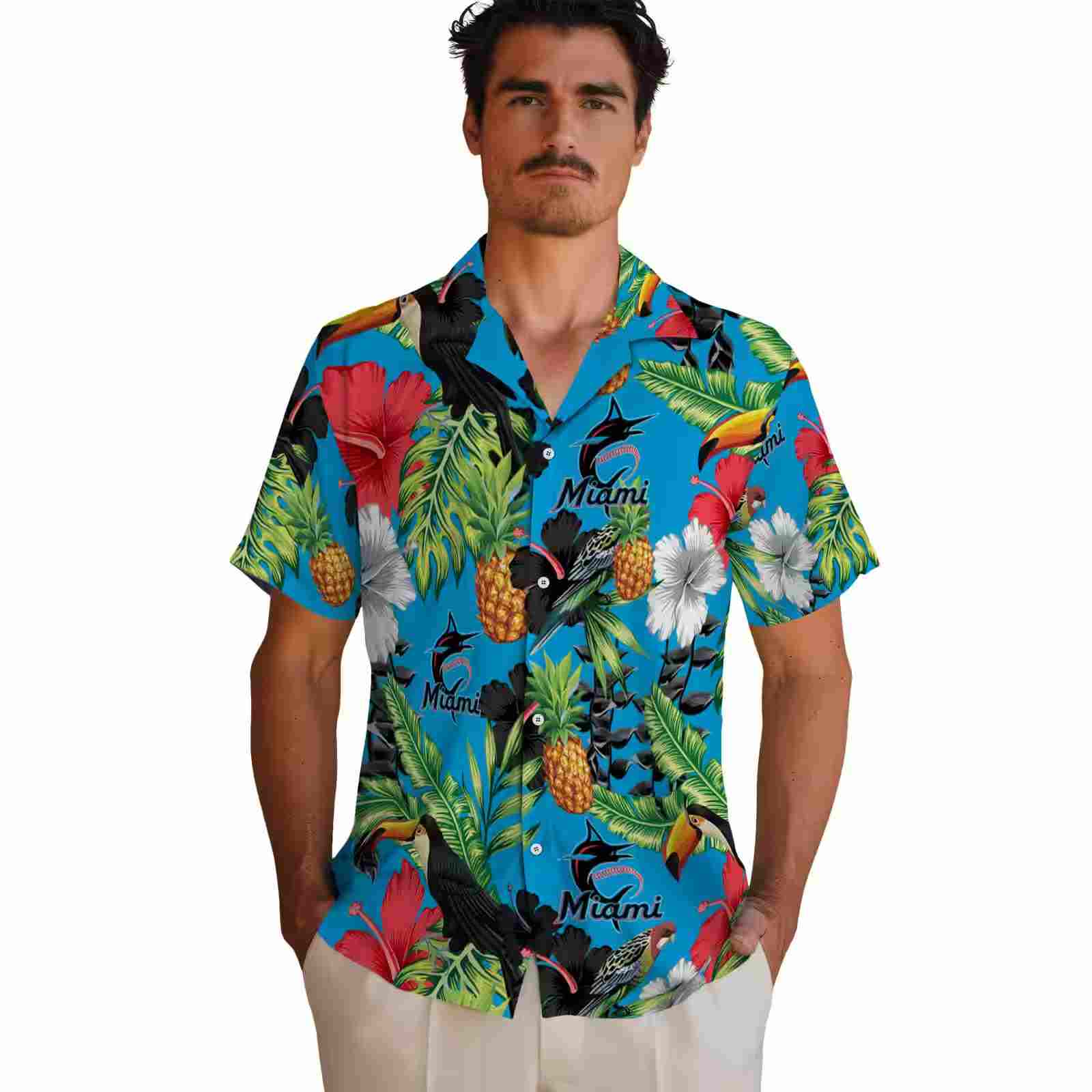 miami marlins toucan hibiscus pineapple blue green hawaiian shirt fashion forward