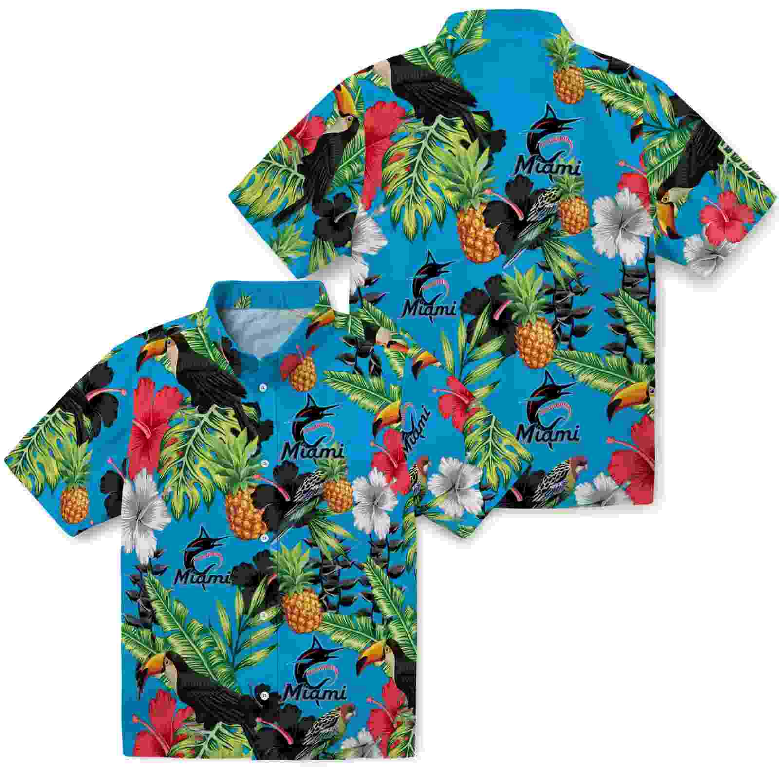 miami marlins toucan hibiscus pineapple blue green hawaiian shirt high quality