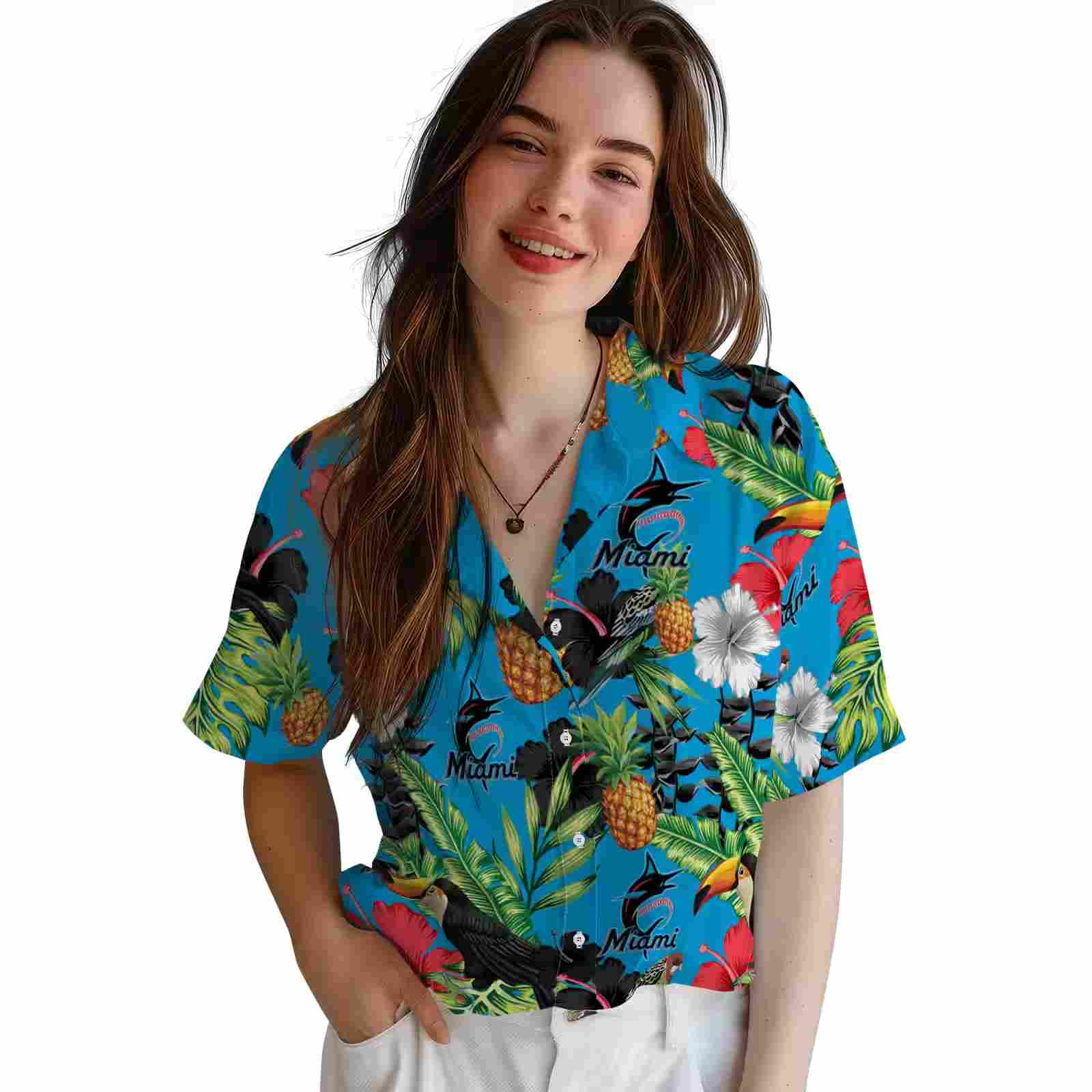 miami marlins toucan hibiscus pineapple blue green hawaiian shirt latest model