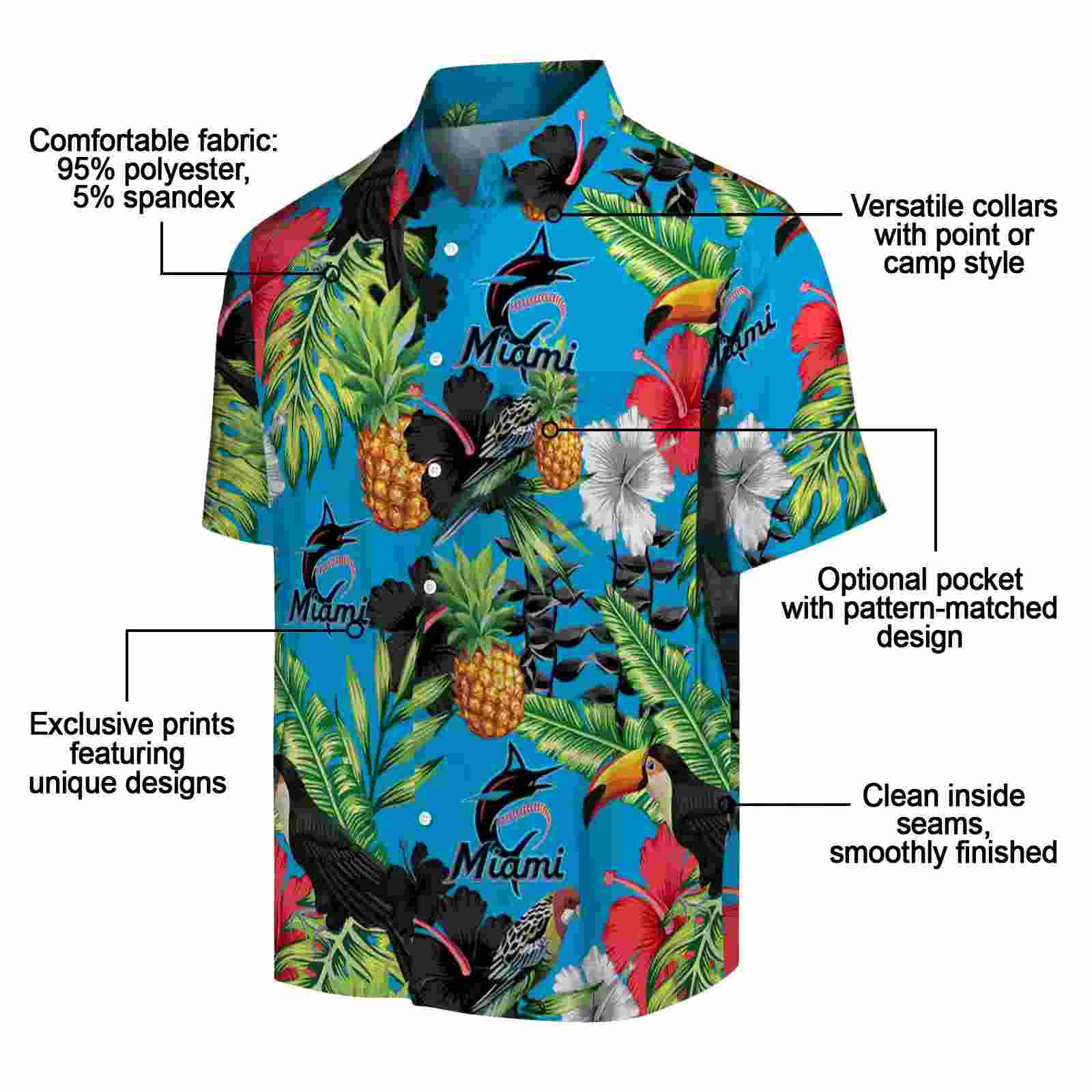 miami marlins toucan hibiscus pineapple blue green hawaiian shirt new arrival