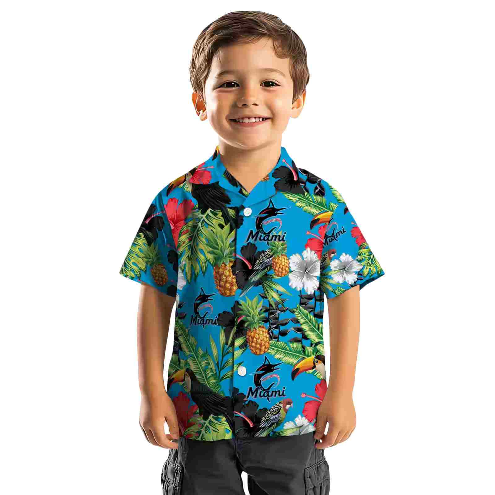 miami marlins toucan hibiscus pineapple blue green hawaiian shirt top rated