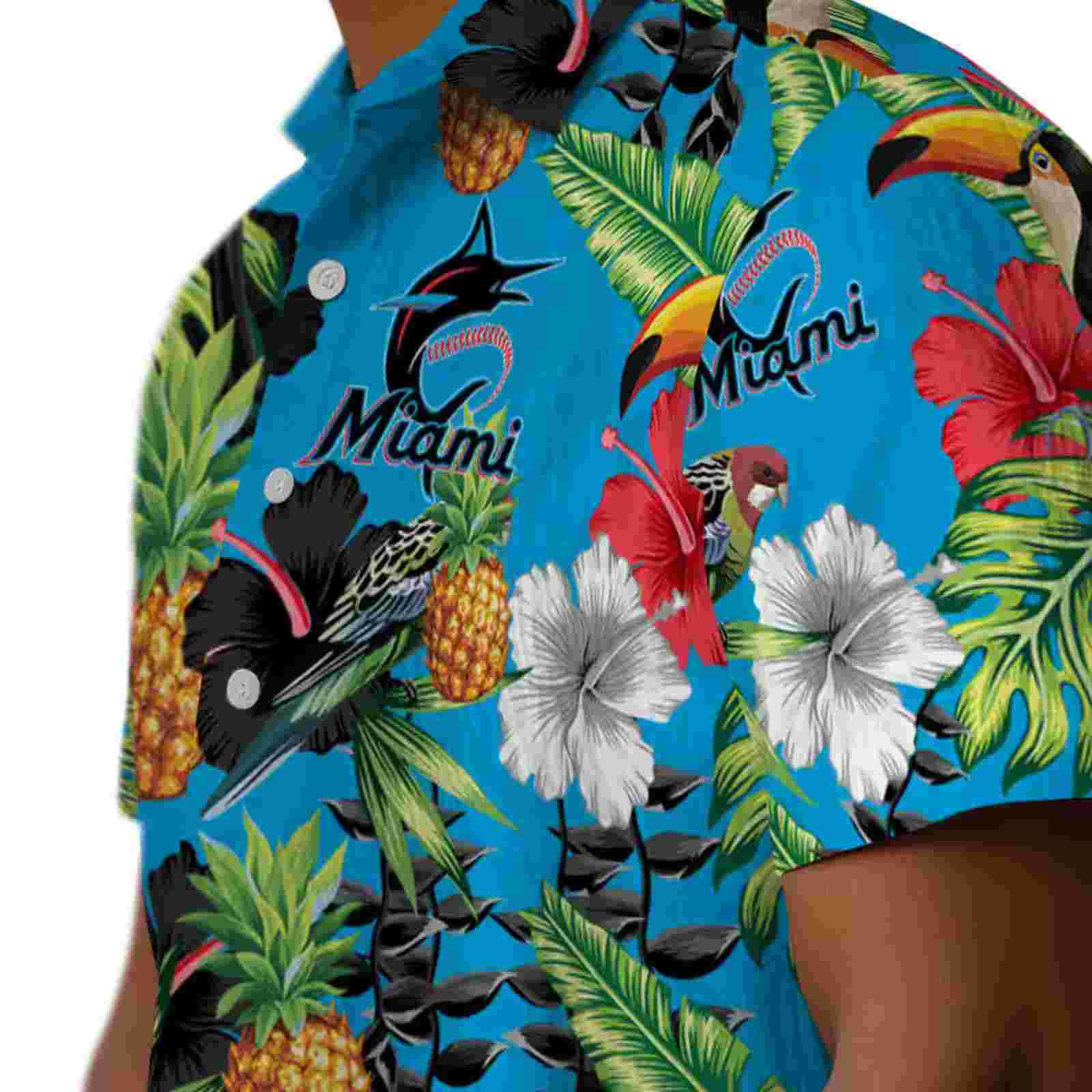 miami marlins toucan hibiscus pineapple blue green hawaiian shirt trendy