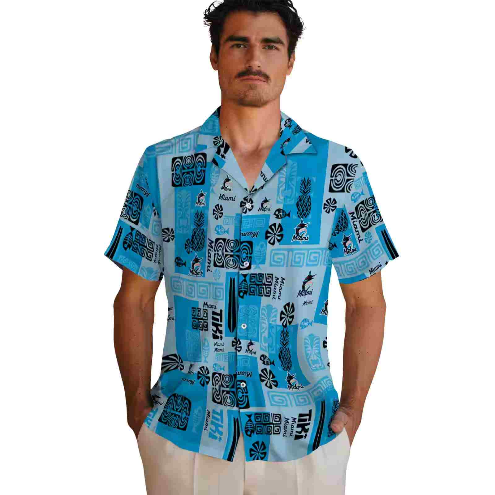 miami marlins tribal symbols blue hawaiian shirt fashion forward