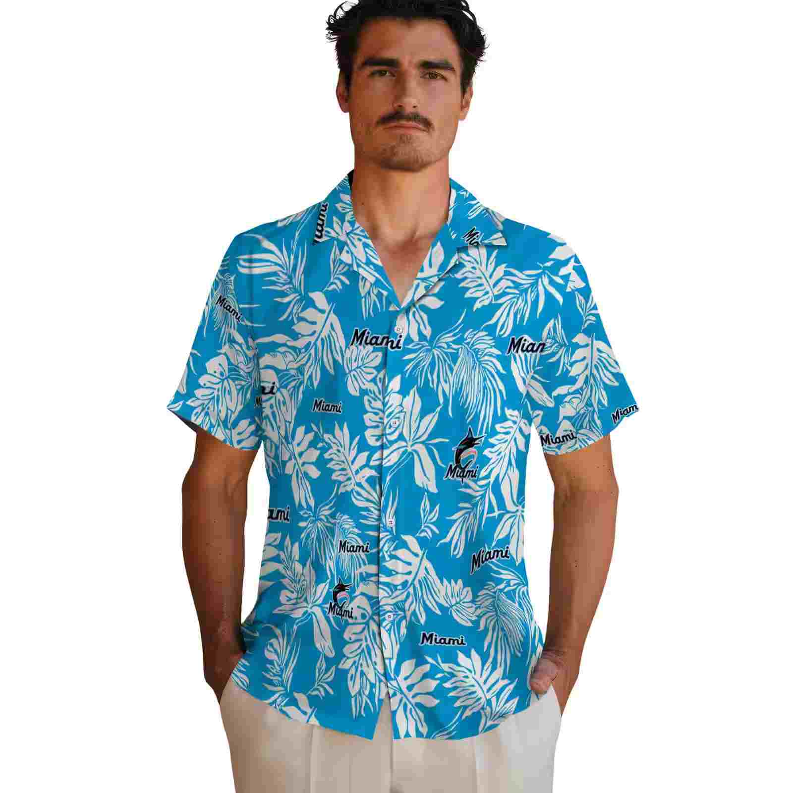 miami marlins tropical leaf blue white hawaiian shirt fashion forward