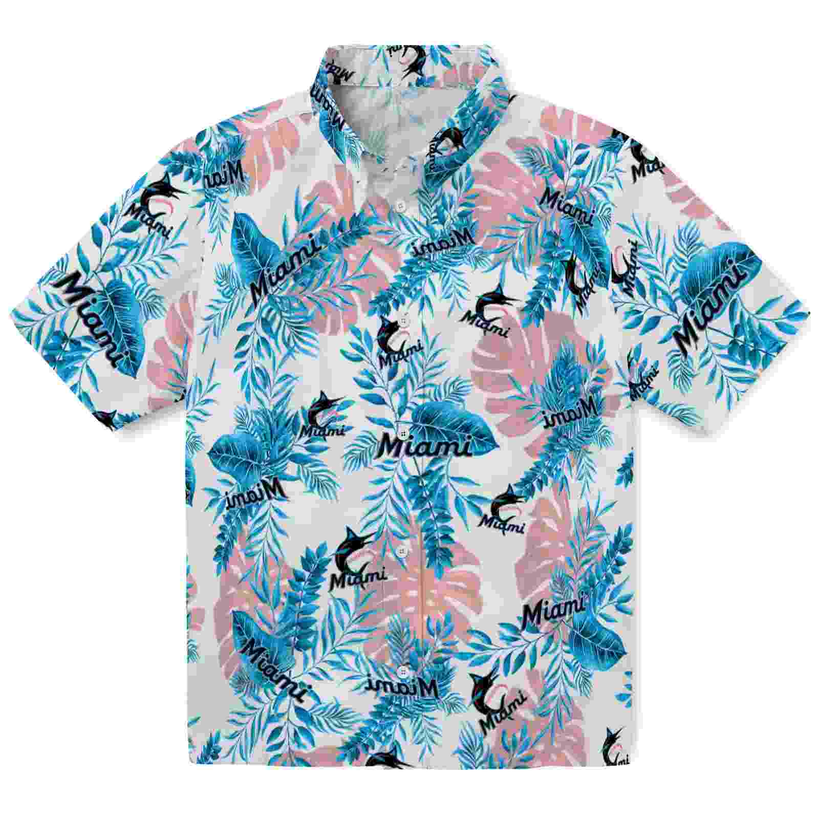 Miami Marlins Tropical Leaves Blue White Hawaiian Shirt