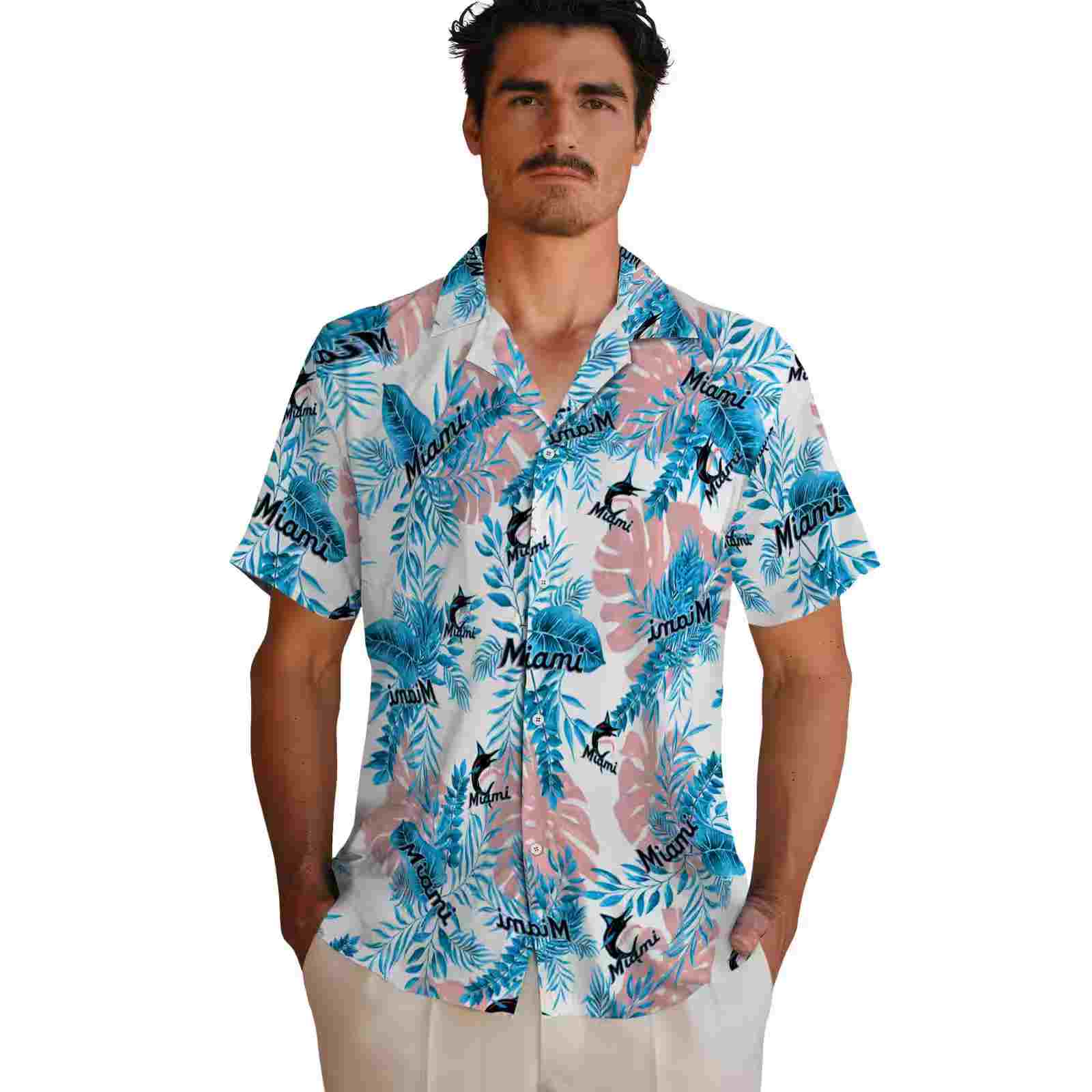 miami marlins tropical leaves blue white hawaiian shirt fashion forward